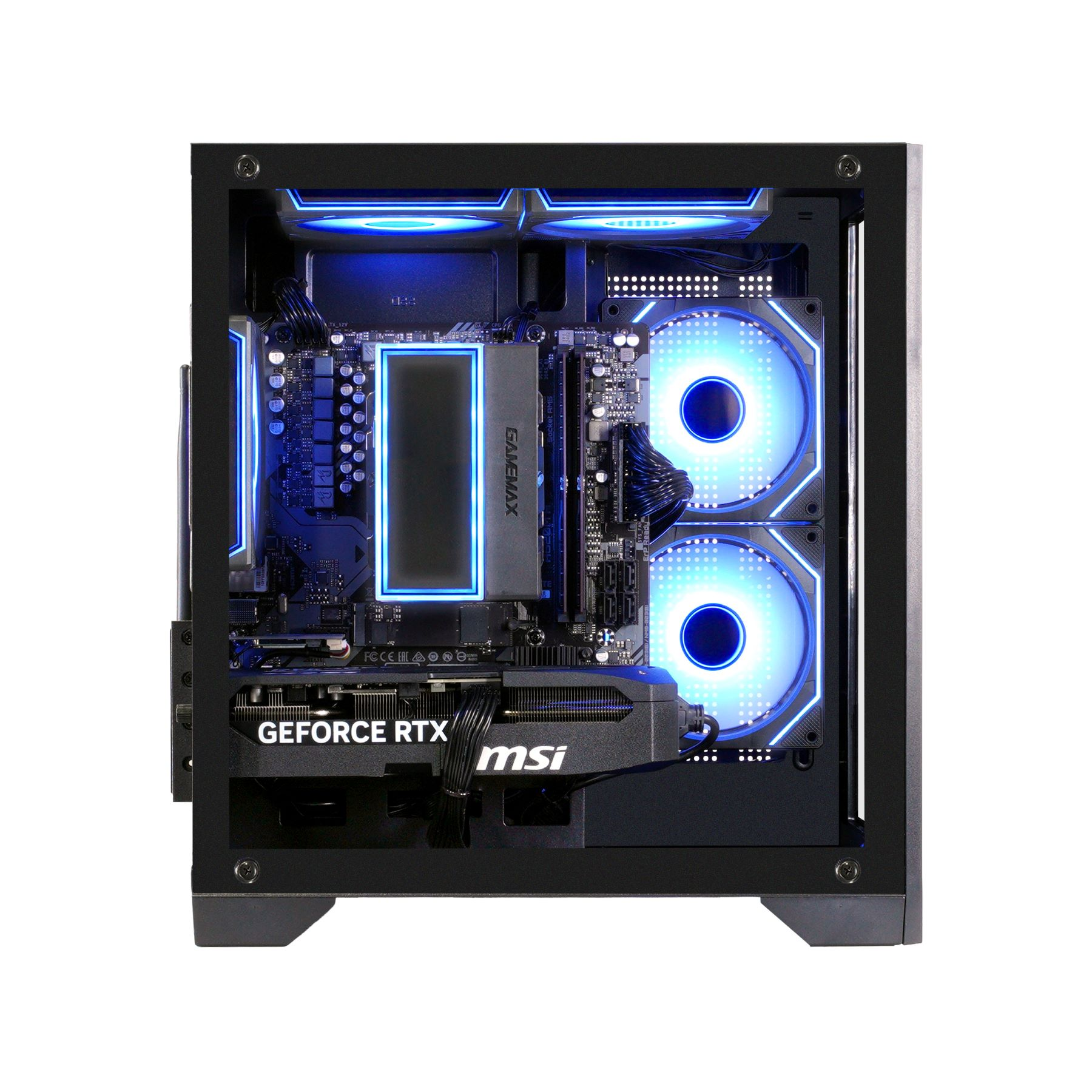 Im Inneren eines schwarzen Computers. Zu den Komponenten gehören eine Grafikkarte, Lüfter mit blauen Lichtern und andere Teile.