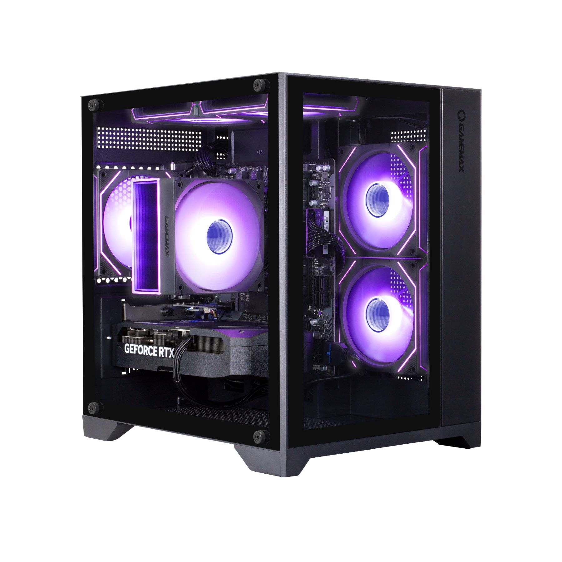 Schwarzes PC-Gehäuse mit lila beleuchteten Lüftern und Komponenten. Grafikkarte sichtbar.