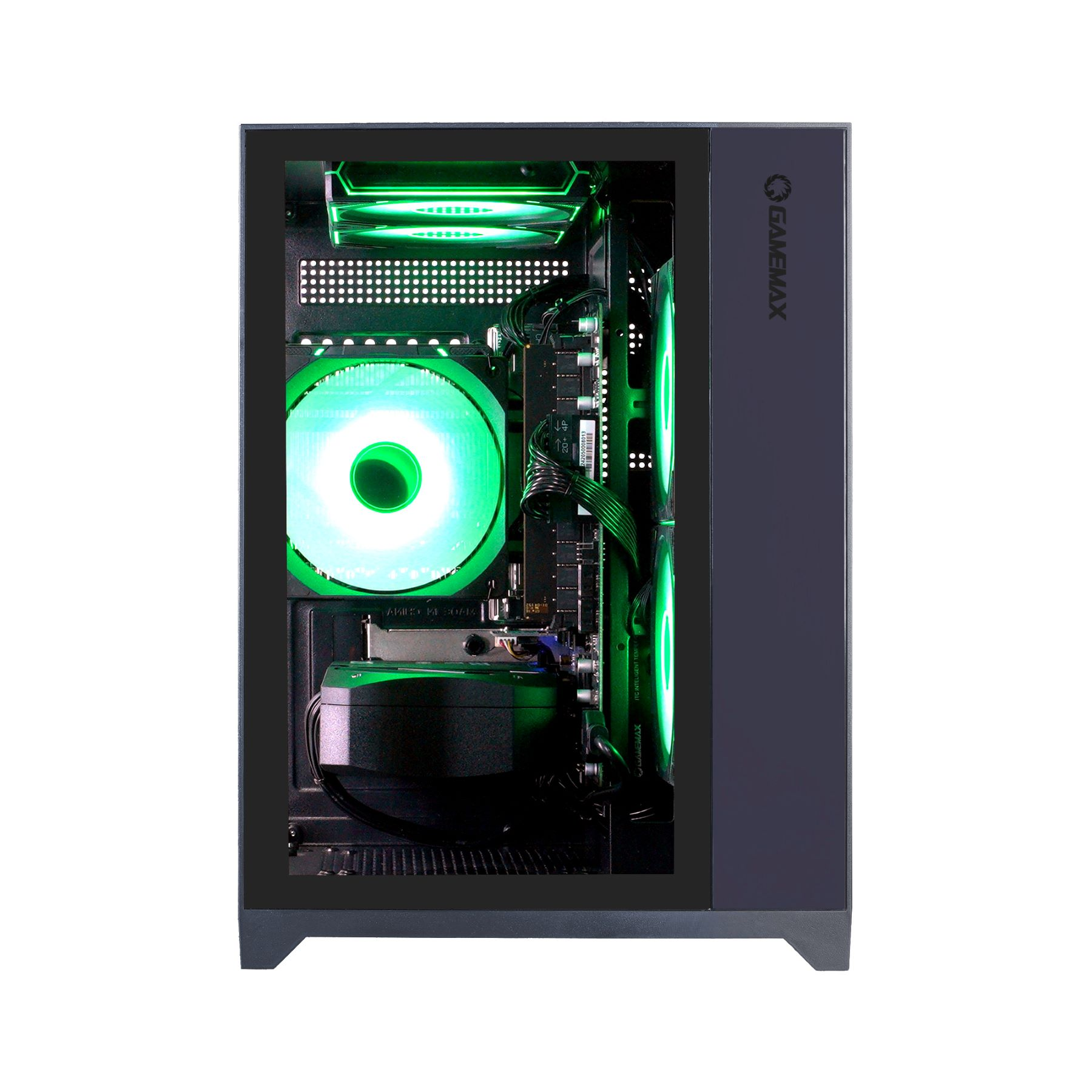 Schwarzes PC-Gehäuse mit grün beleuchteten Lüftern und Komponenten. Details sichtbar.