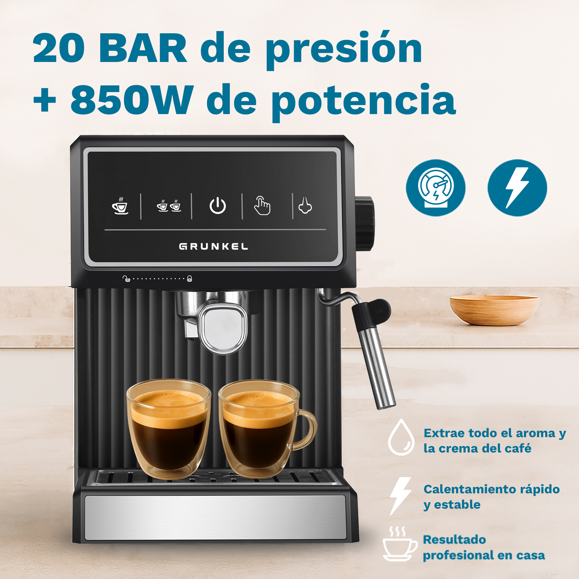 Máquina de espresso negra con dos tazas de café y texto. Fondo blanco.