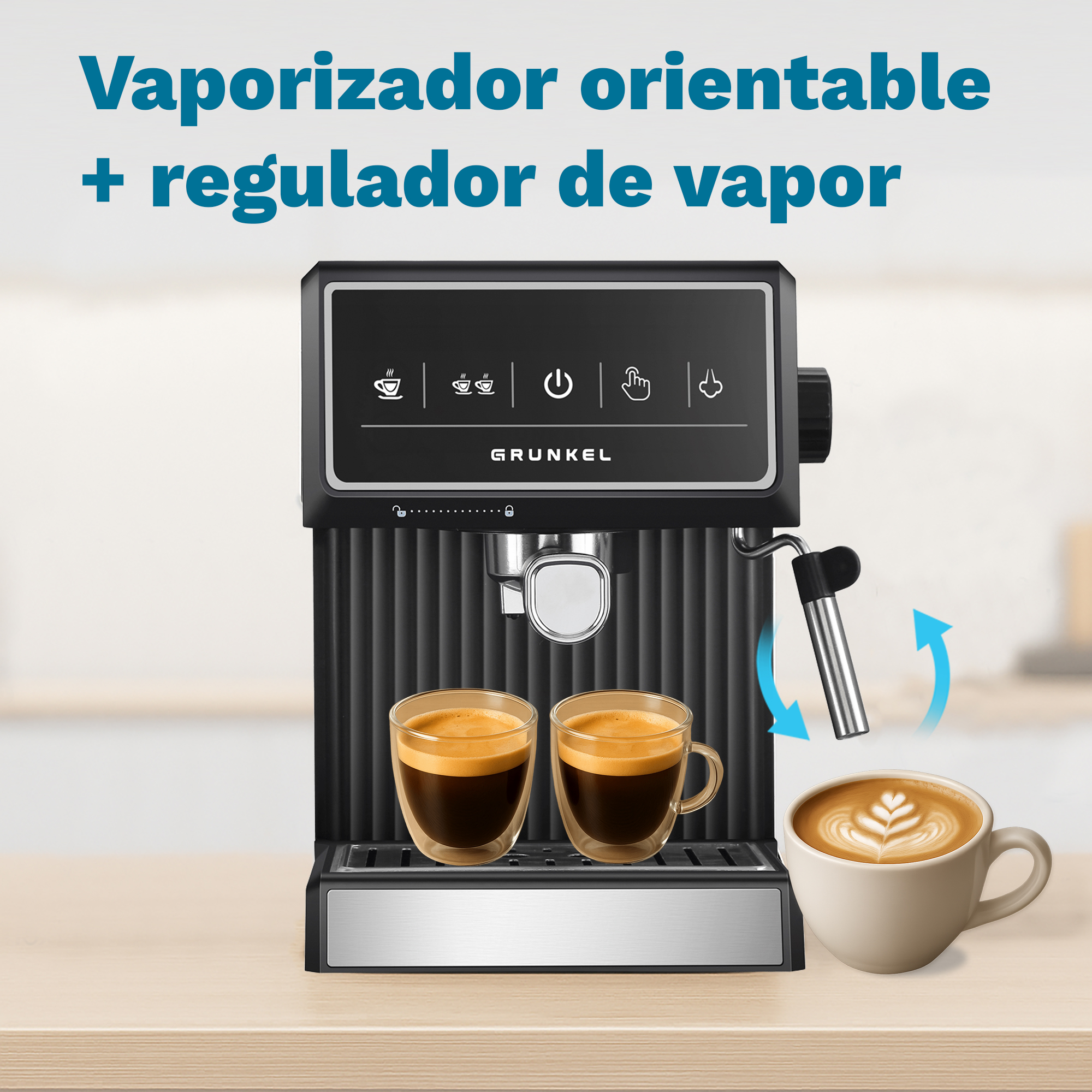 Máquina de espresso negra con café y arte latte. Superficie de madera, fondo de cocina.
