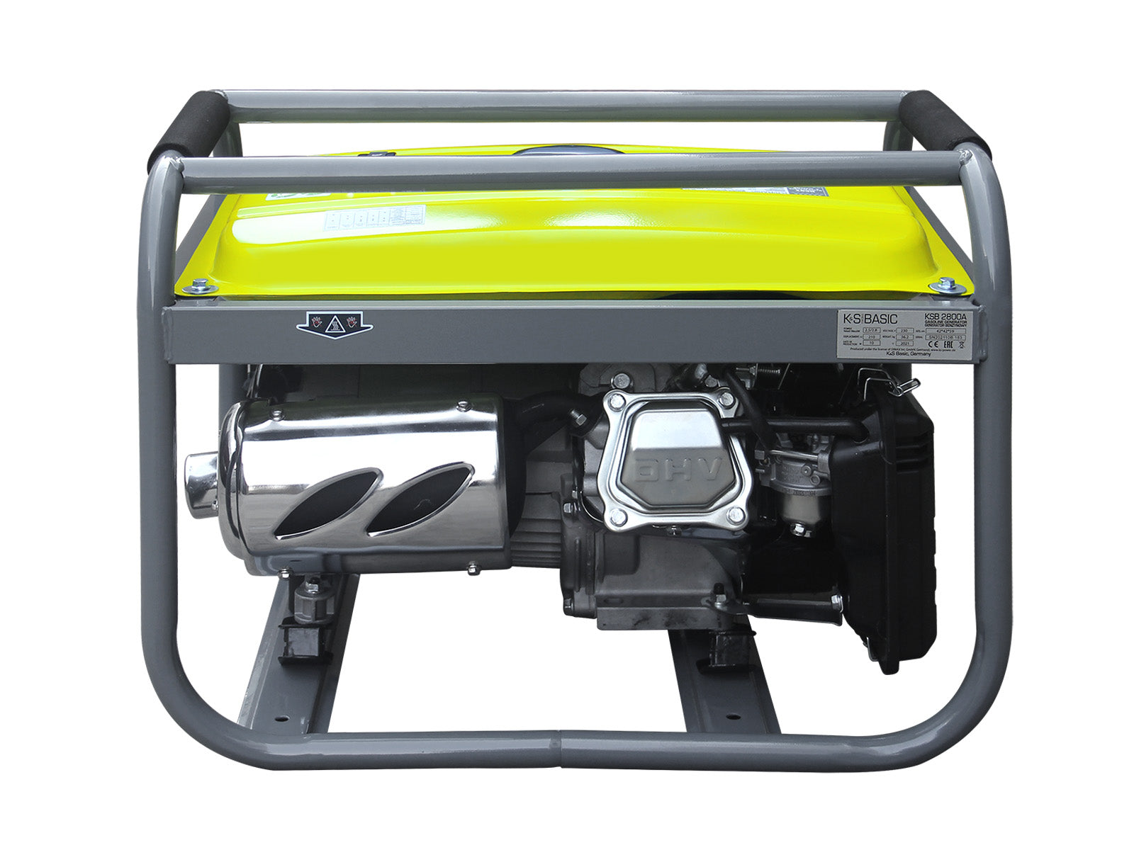 Żółty i szary przenośny generator z metalową ramą, odizolowany na białym tle.