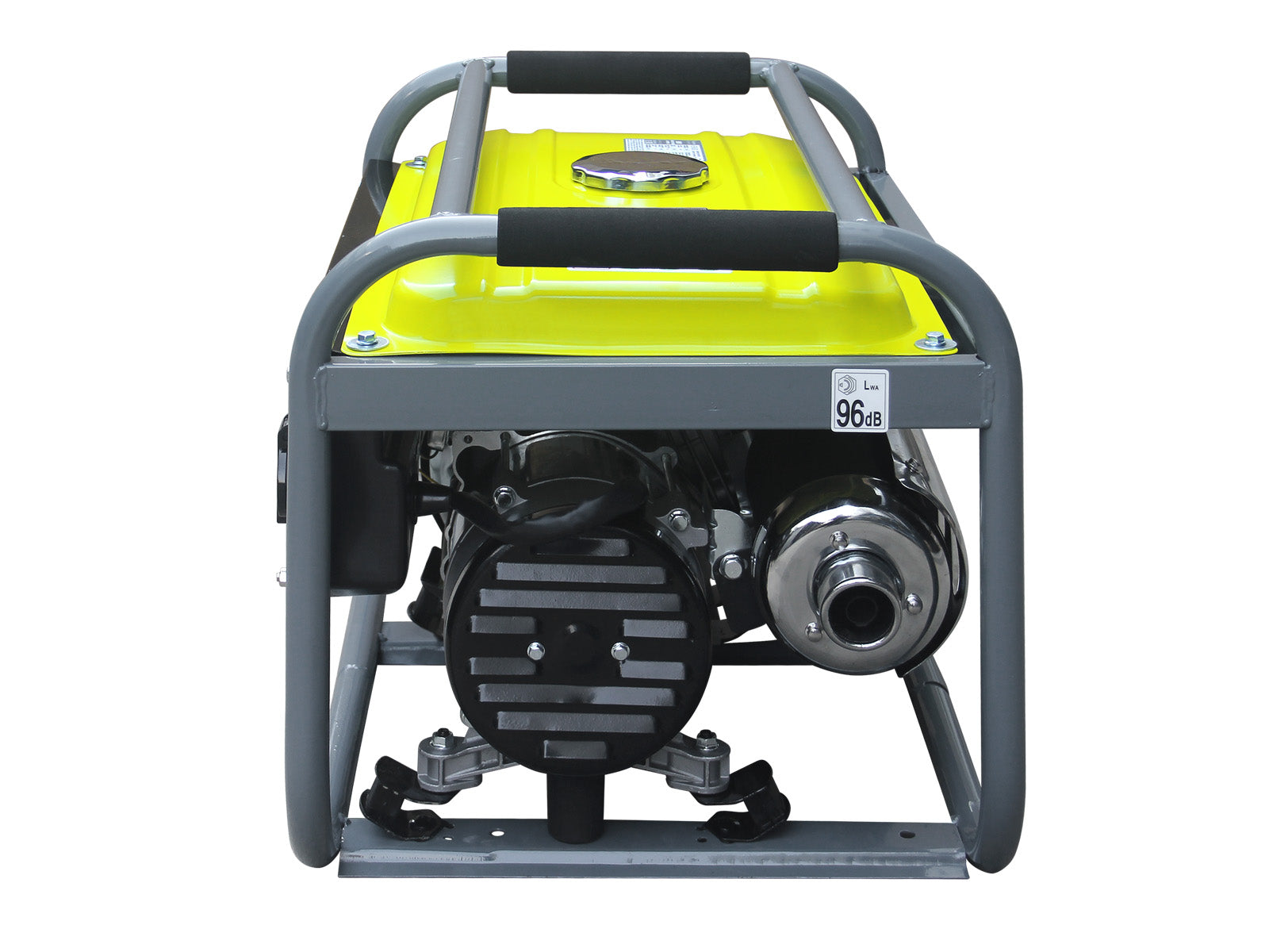 Żółty generator z szarą ramą. Czarny silnik i komponenty. Widoczna rura wydechowa.