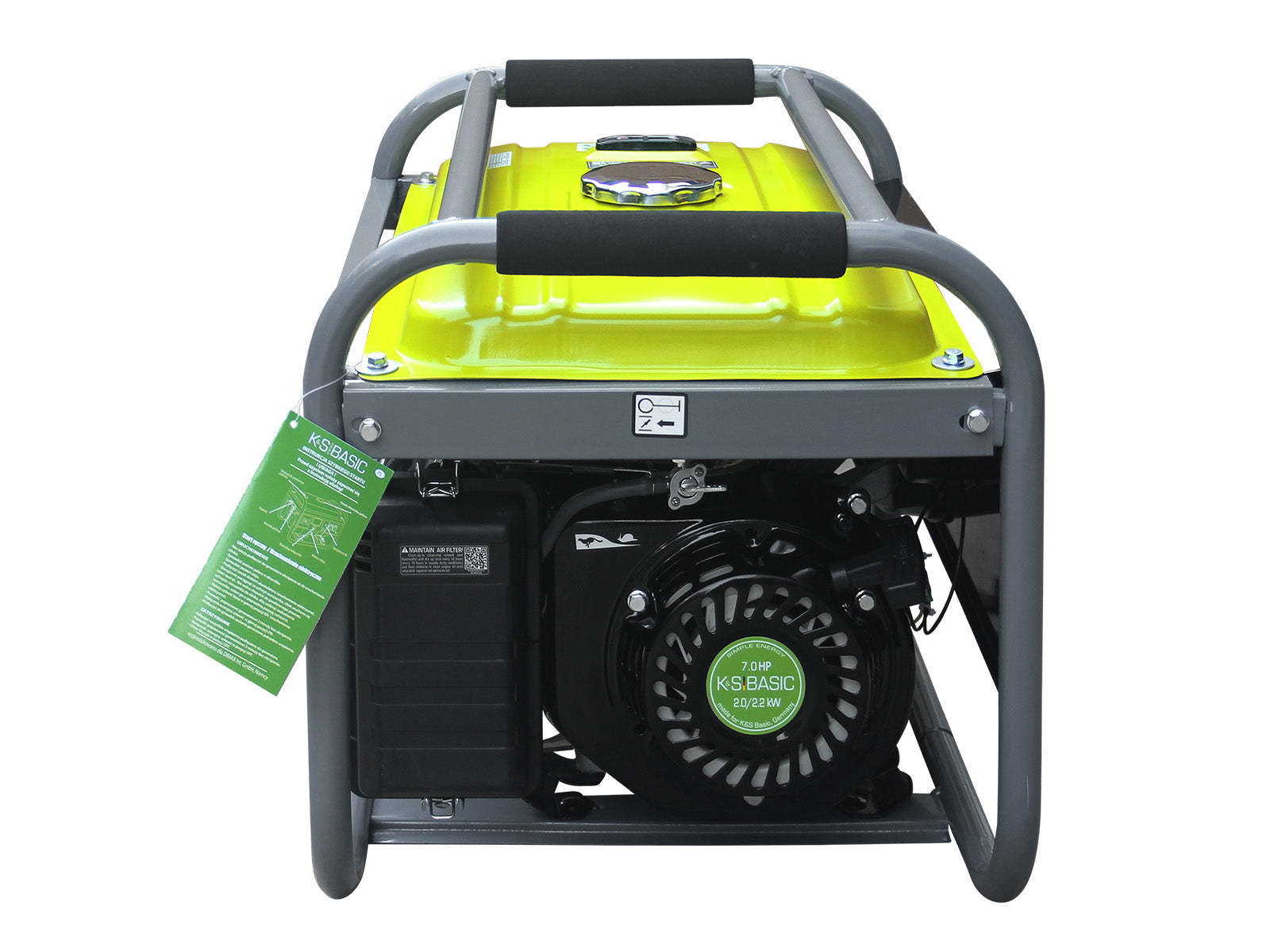 Żółty agregat z szarą ramą, czarnym silnikiem i zieloną etykietą na białym tle.