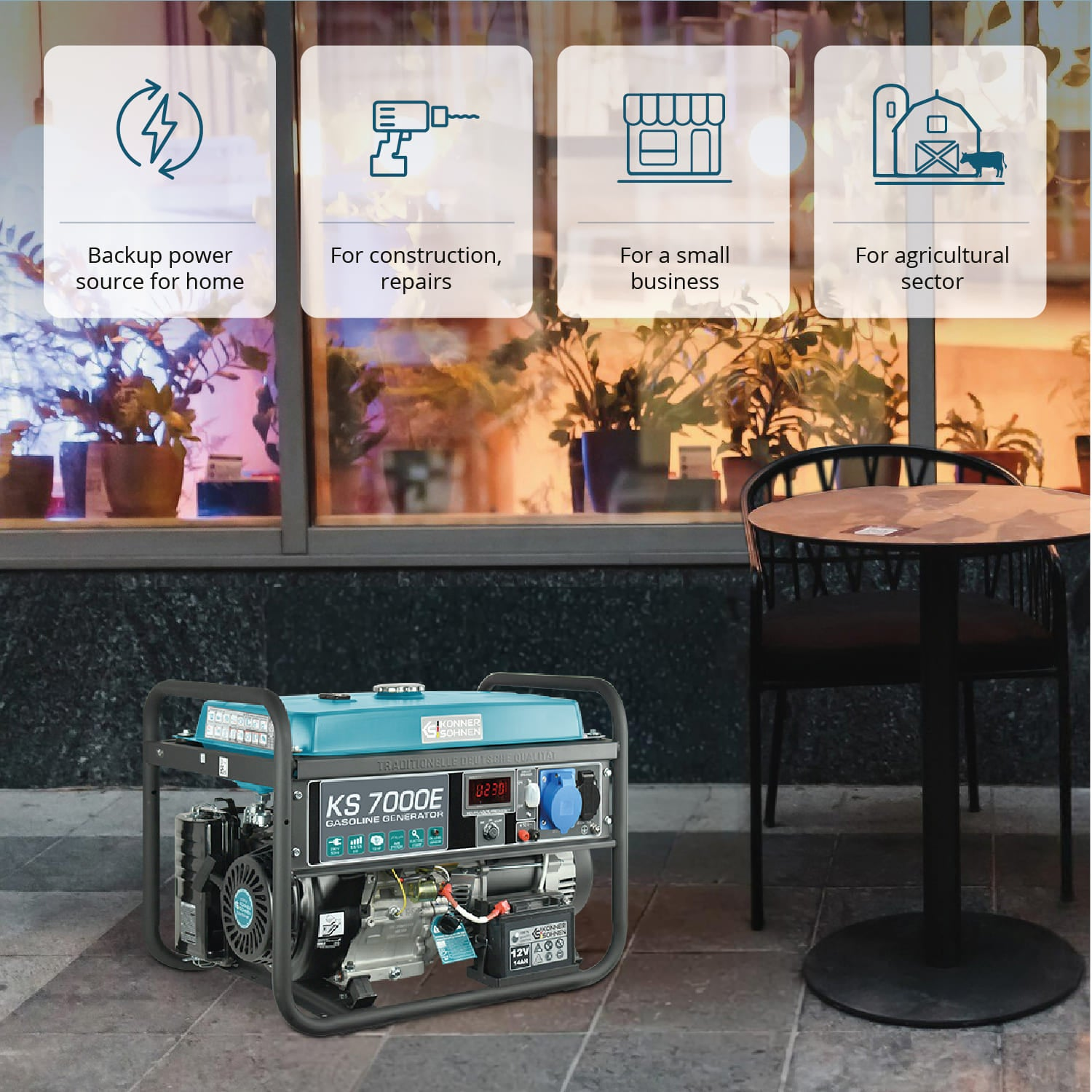 Agregat na chodniku, z ikonami dla różnych zastosowań (dom, budownictwo, mała firma, rolnictwo).