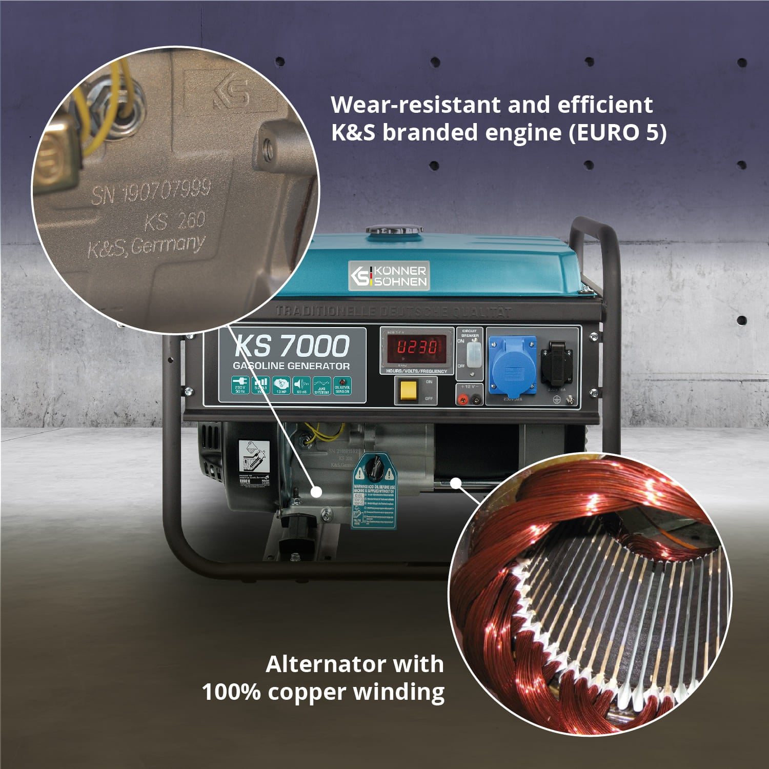 Zbliżenie generatora ze szczegółami silnika i miedzianym uzwojeniem. Tekst podkreśla silnik i alternator.