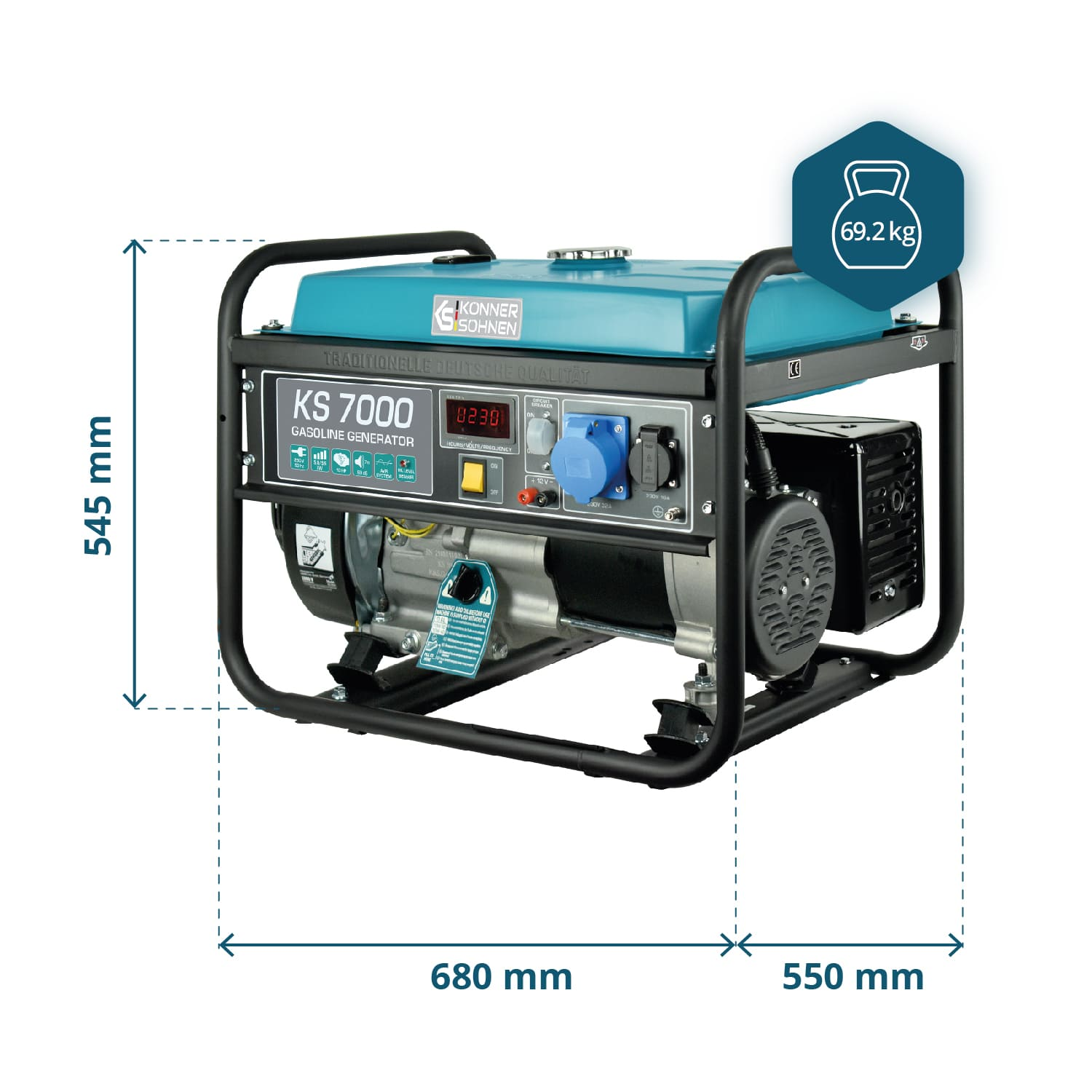 Agregat ze wskaźnikami wymiarów i wagi. Agregat jest turkusowy, z czarną ramą i silnikiem.