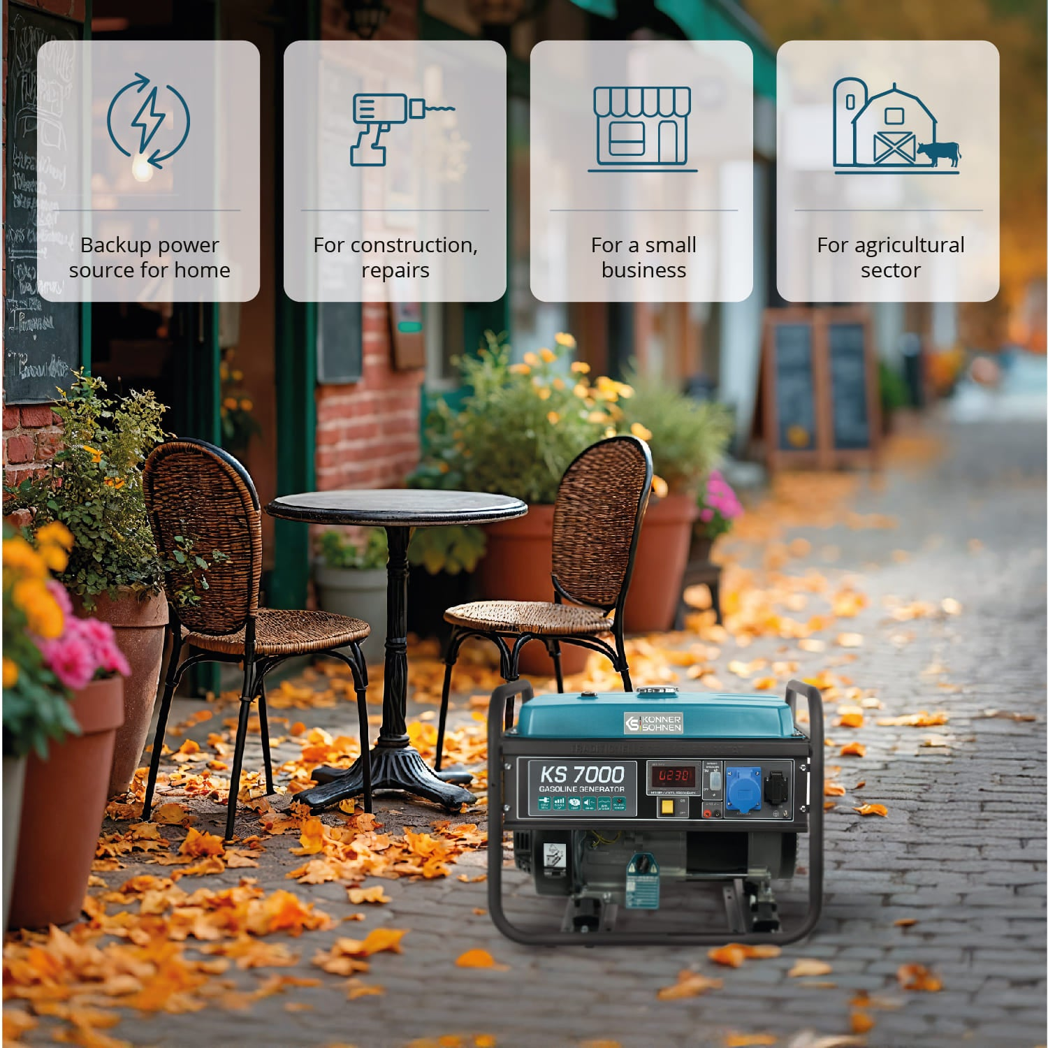 Generator na ulicy miejskiej. Pola tekstowe podkreślają zastosowania: dom, budownictwo, mały biznes i sektor rolniczy.