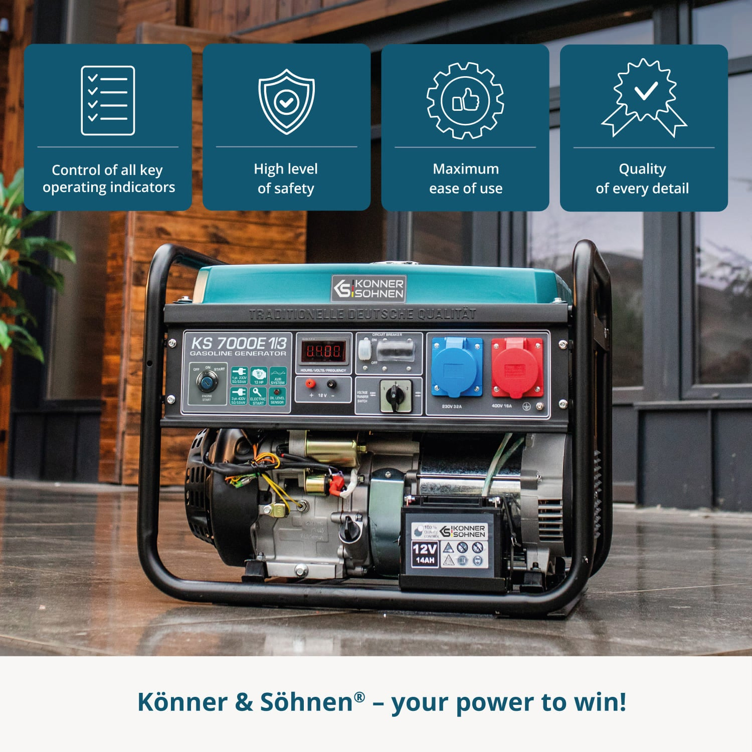 Generator z podświetlonymi funkcjami: wskaźniki pracy, bezpieczeństwo, łatwość użytkowania i jakość. Tekst szczegółowo opisuje markę.