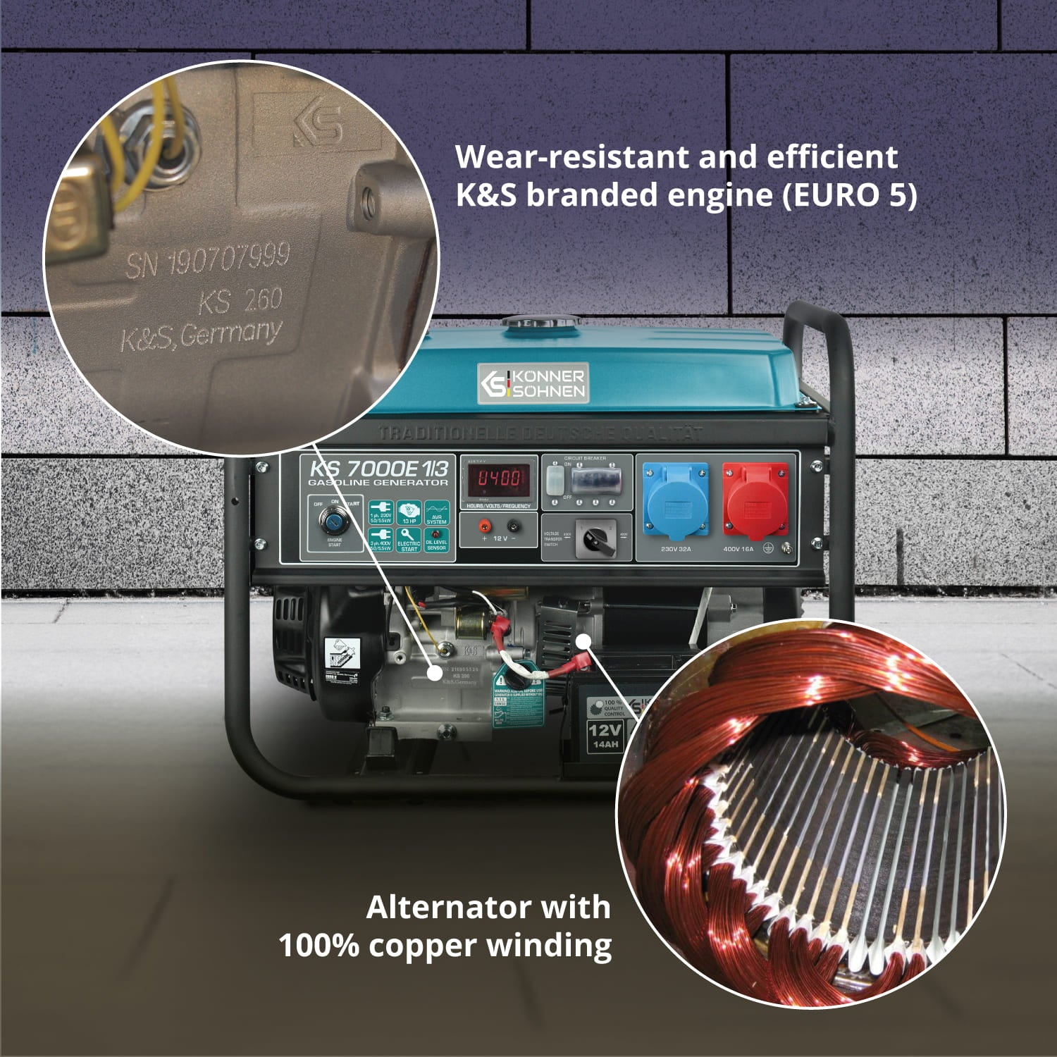 Zbliżenie na generator z podświetlonymi szczegółami silnika i uzwojeniem miedzianym. Tekst: silnik K&S, alternator.