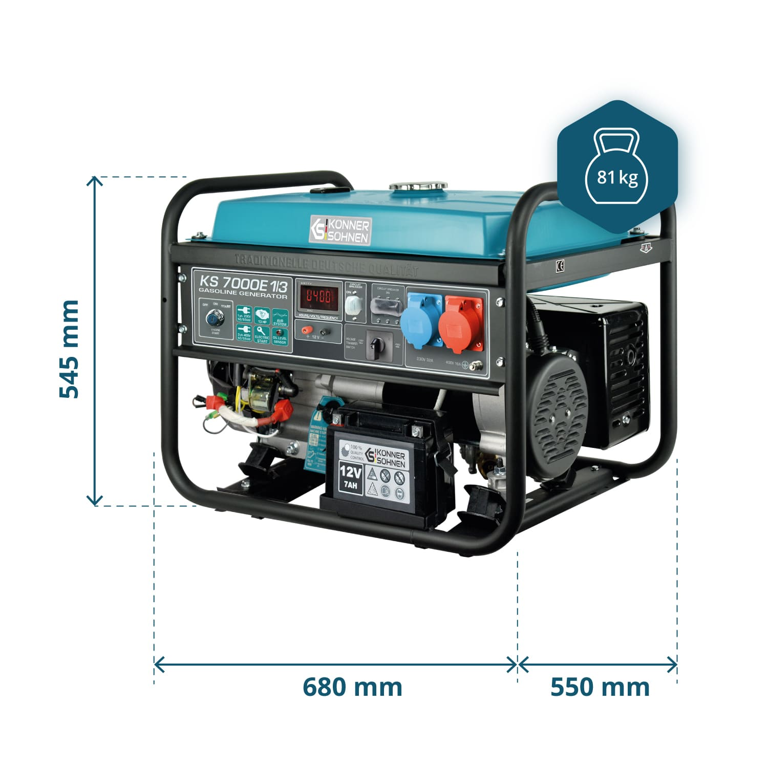 Generator z oznaczonymi wymiarami. Jest turkusowy i czarny o wadze 81 kg. Znajduje się na jasnym tle.