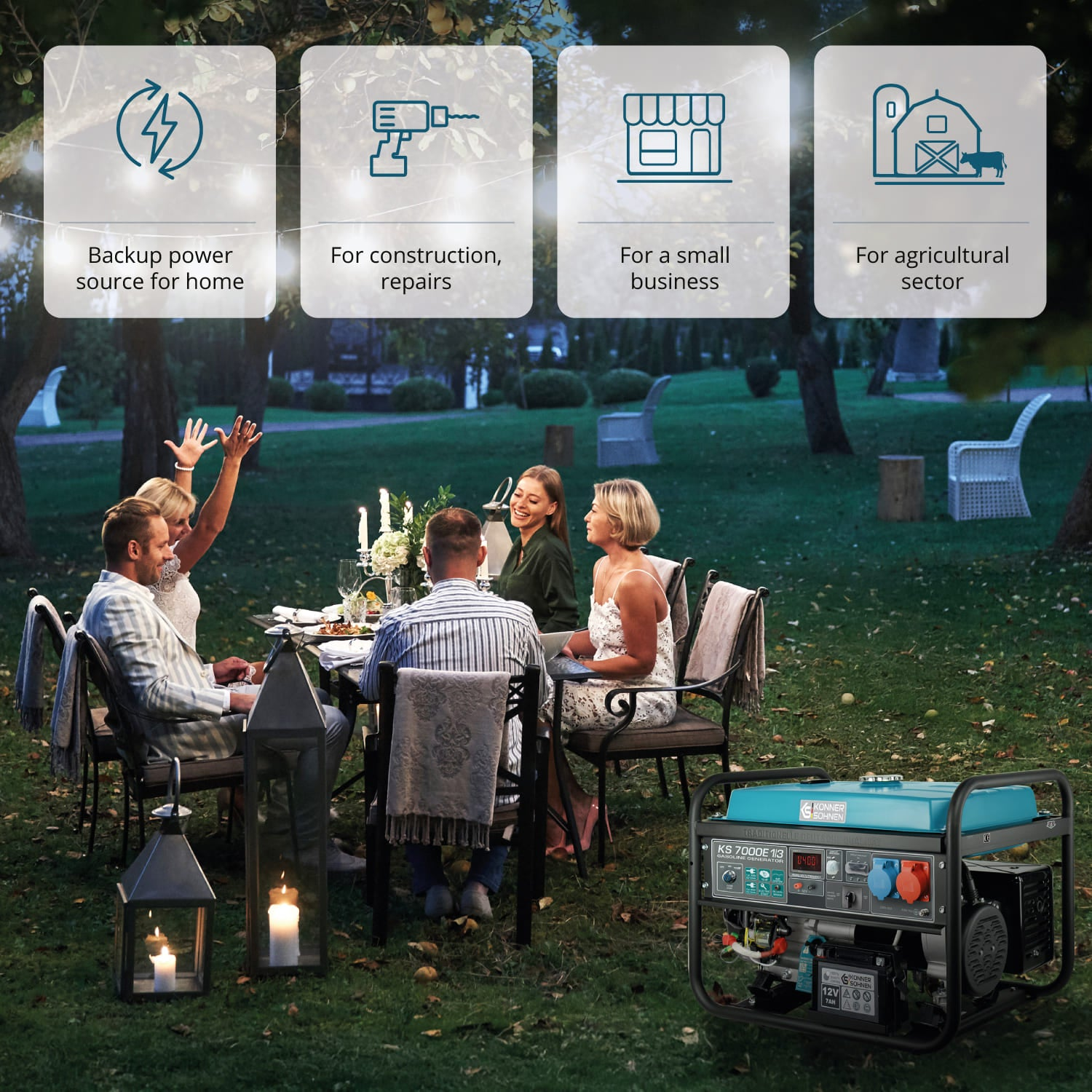 Ludzie przy stole, generator na trawie, ikony u góry. Scena: ogród. Kontekst: zasilanie.