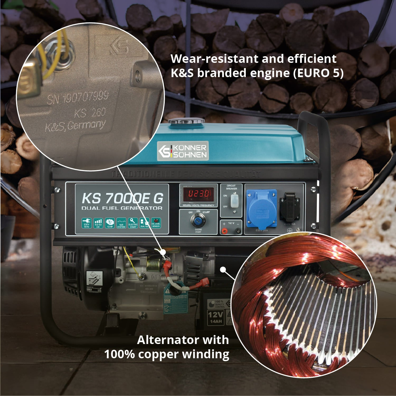 Zbliżenie na generator z podświetlonymi szczegółami silnika i uzwojeniem miedzianym. Scena na drewnianym tle.