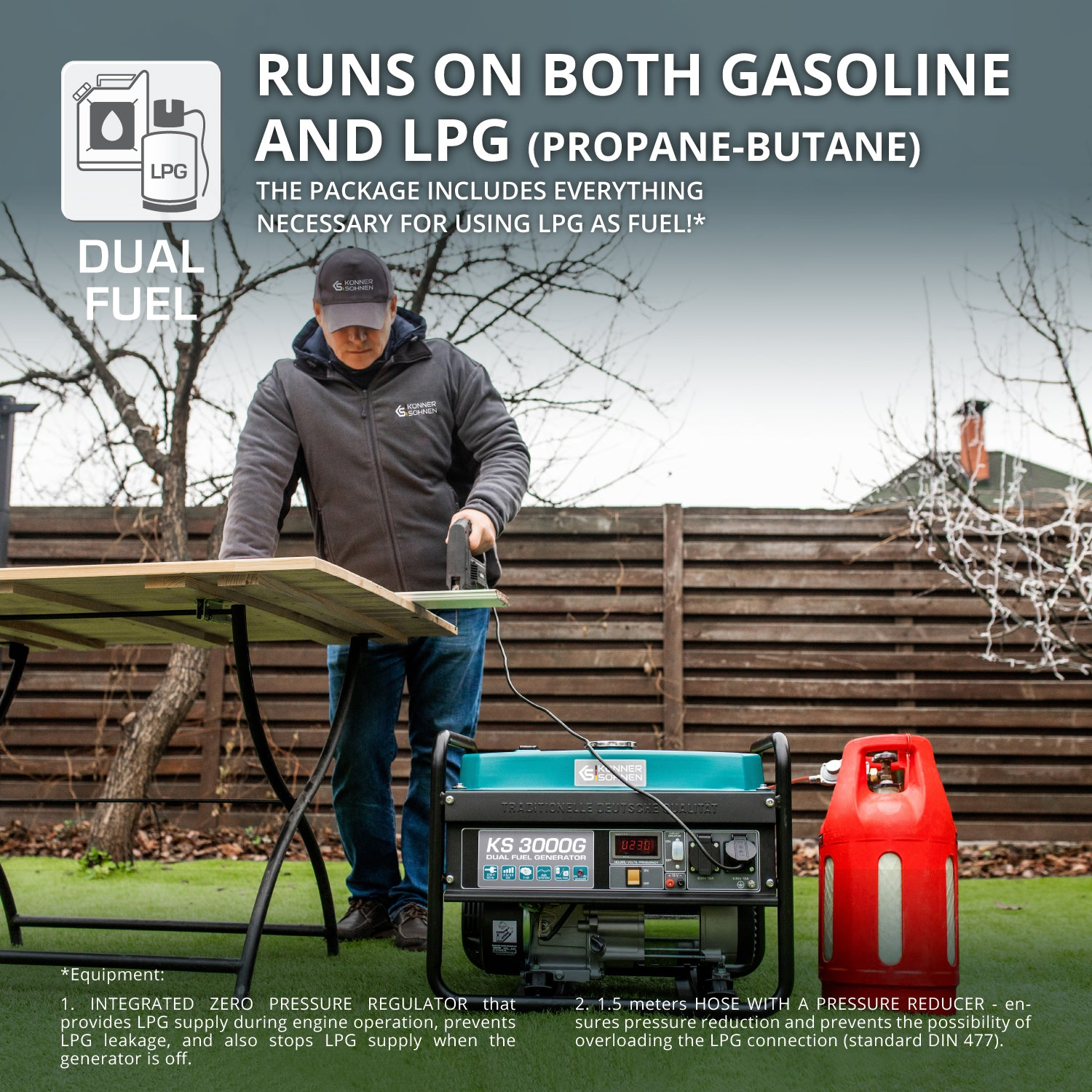 Mężczyzna używa piły w pobliżu generatora podłączonego do zbiornika propanu. Generator jest dwupaliwowy. Szczegóły użytkowania w tekście.