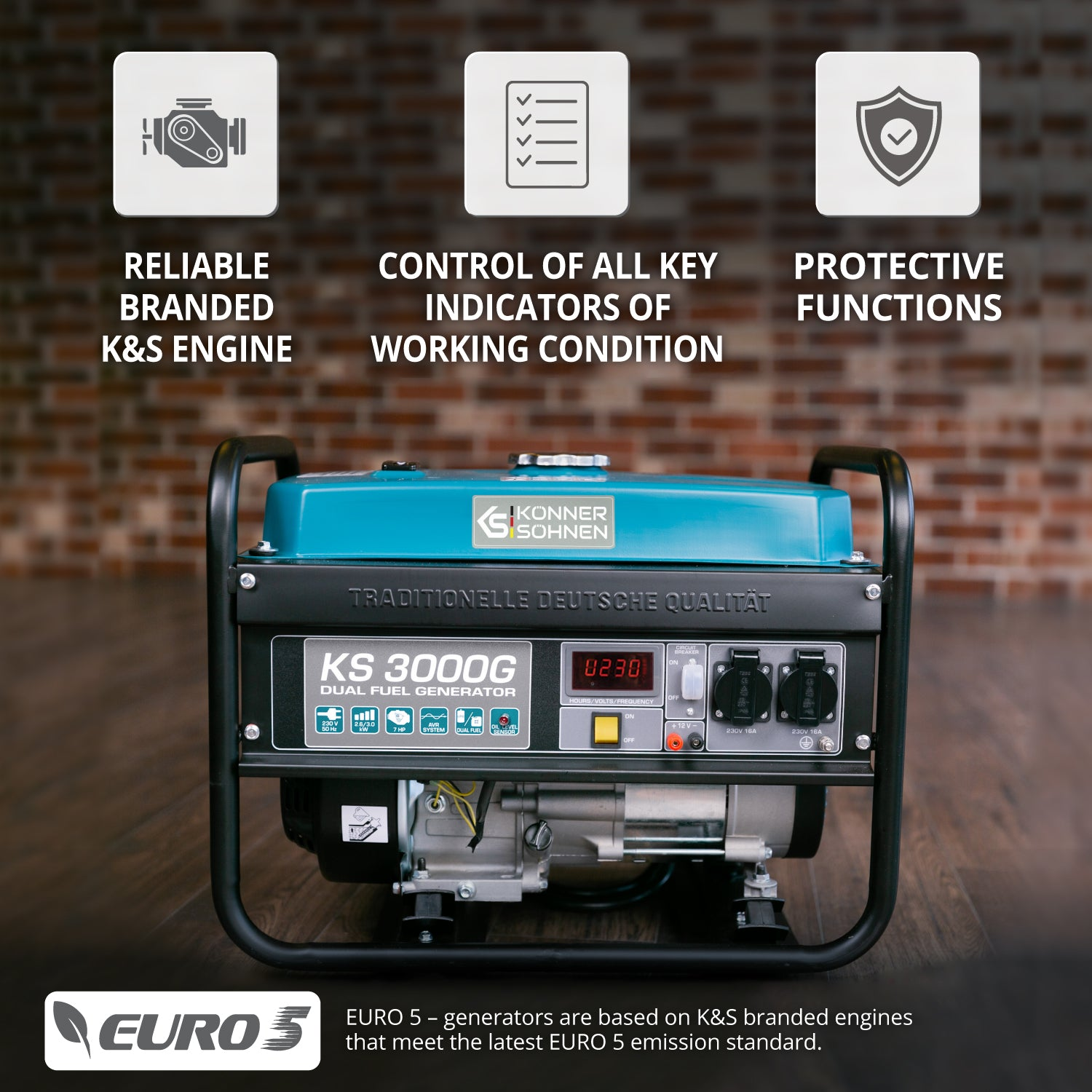 Generator stoi na stojaku. Ikony silnika, wskaźników i tarcz są w scenie.