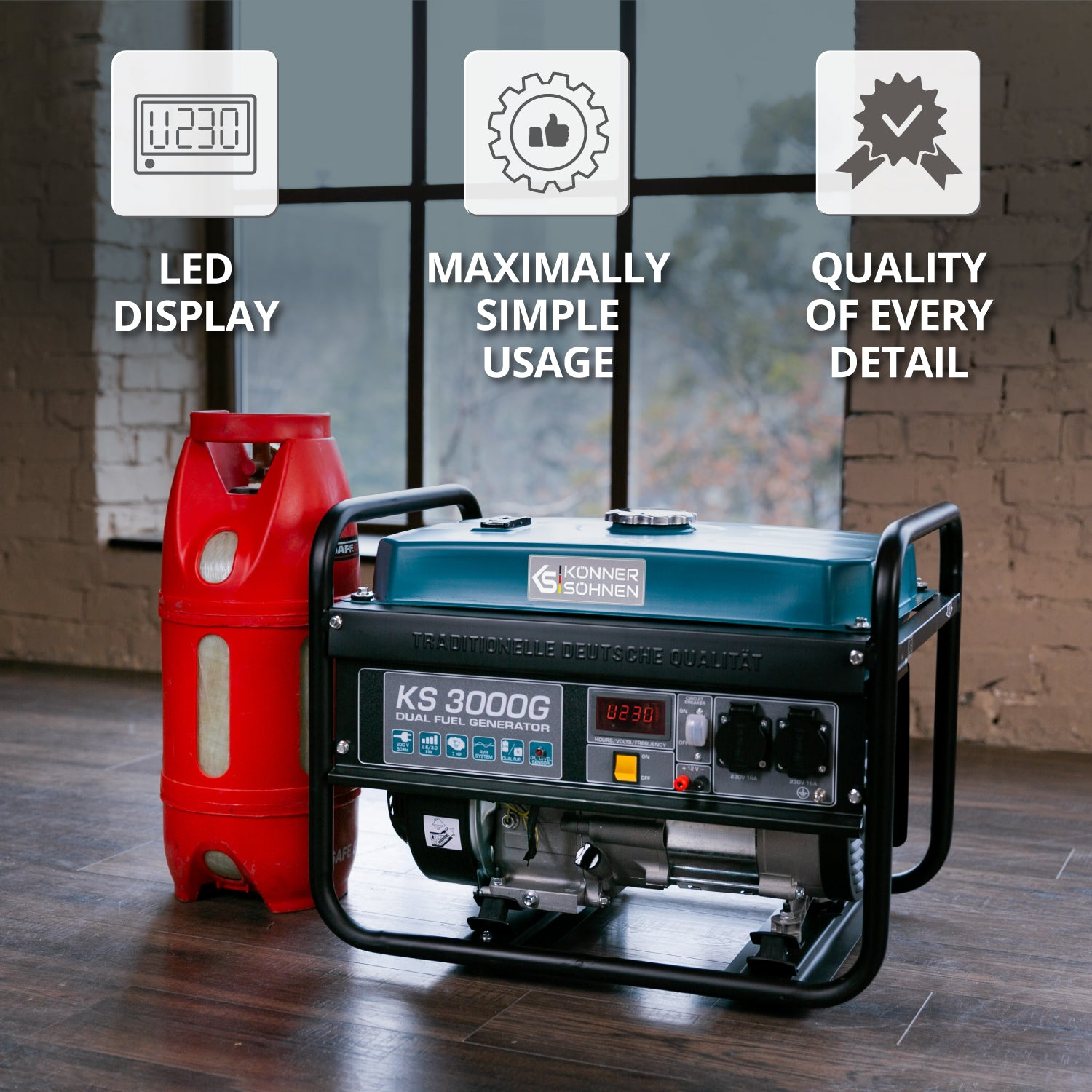 Generator i czerwony zbiornik propanu. Generator ma wyświetlacz LED. Tekst: jakość każdego szczegółu.