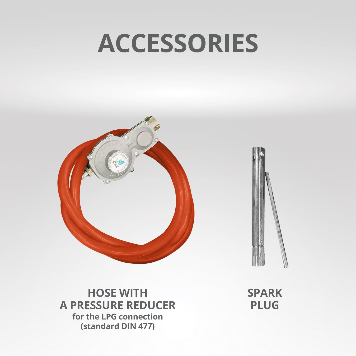 Akcesoria: Wąż z reduktorem ciśnienia i świeca zapłonowa. Wąż jest pomarańczowy.