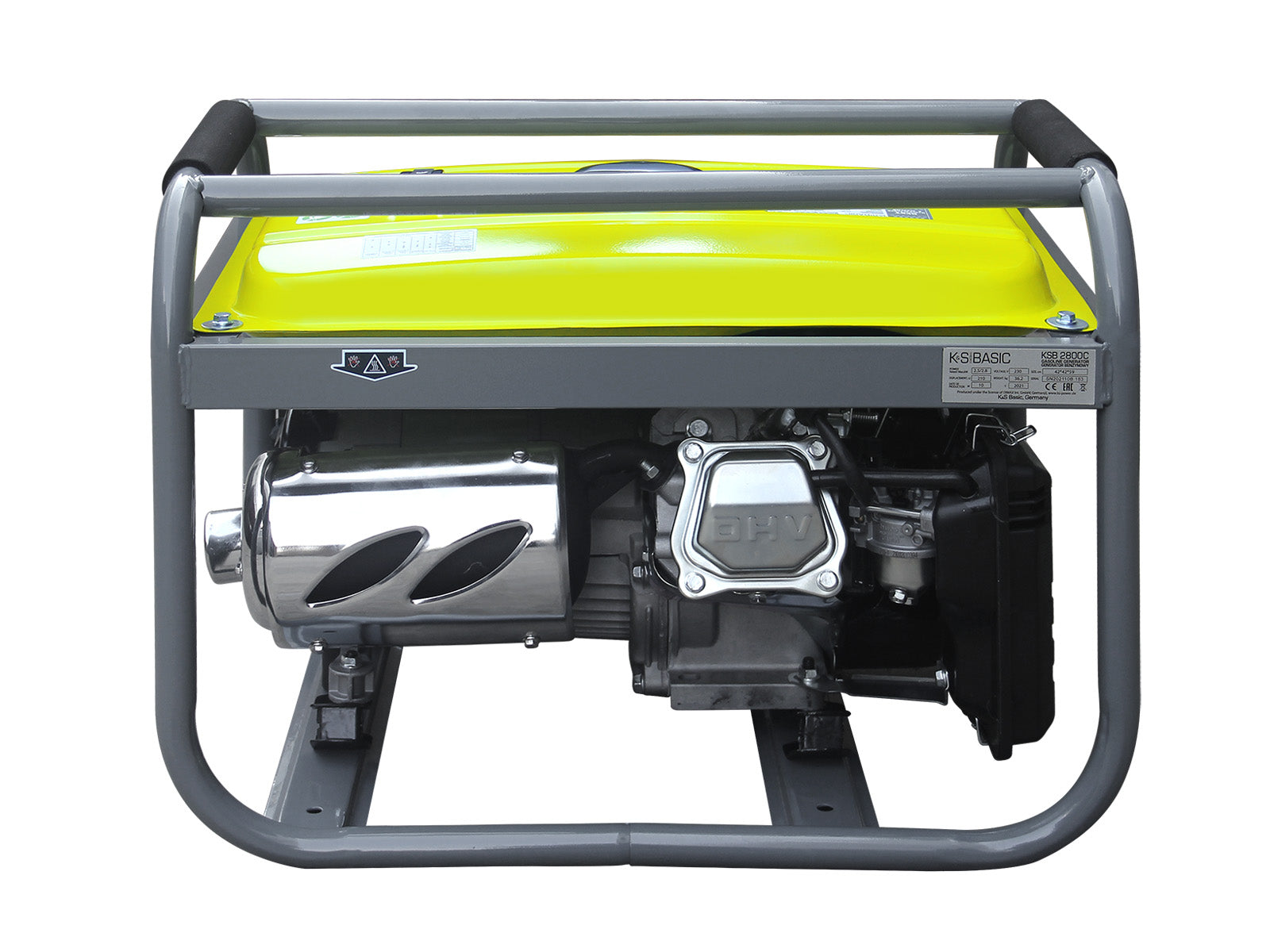 Generator z boku. Jest limonkowo-zielony i szary. Silnik jest czarny.