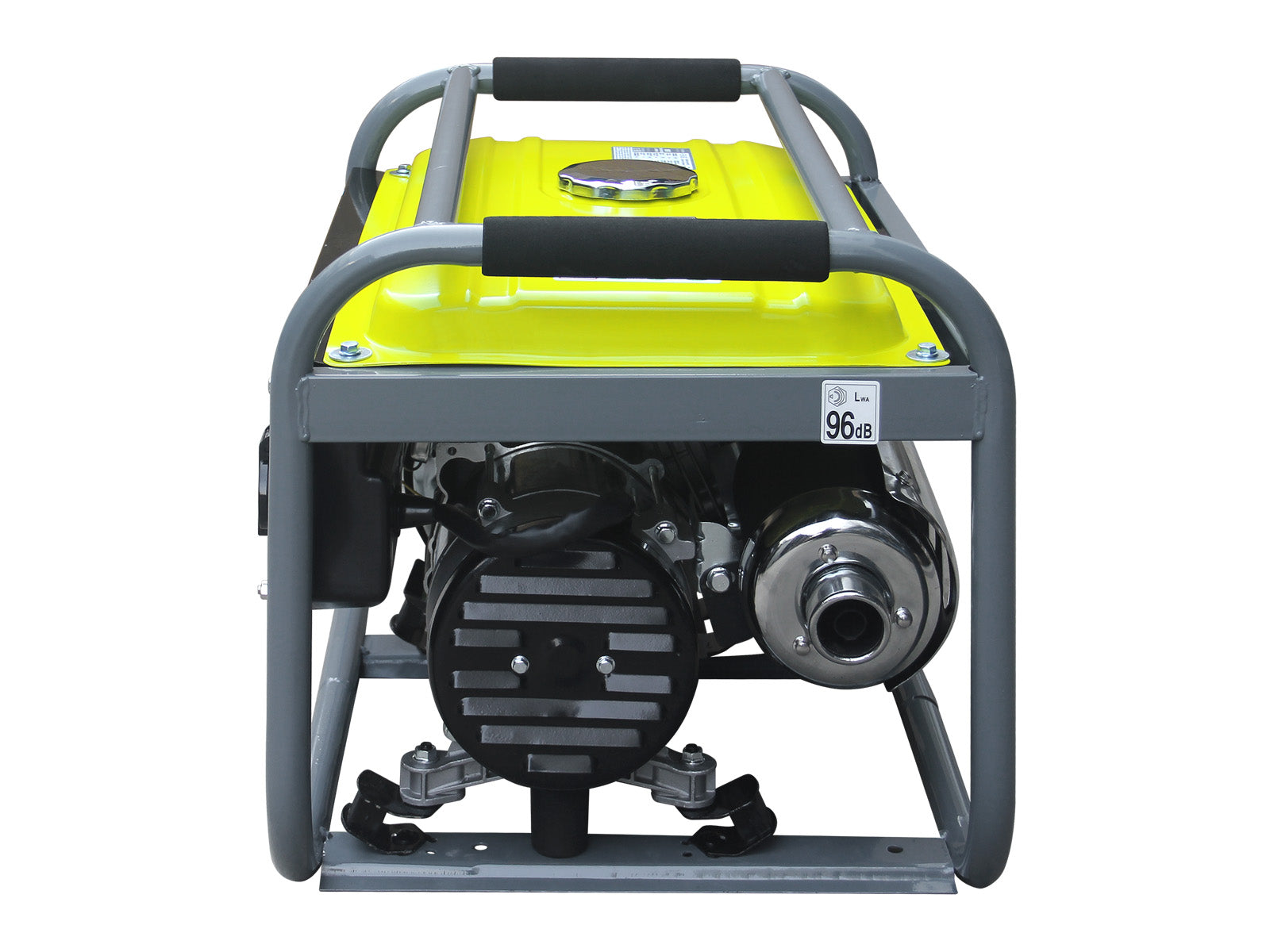 Żółto-czarny generator z szarą ramą, na białym tle. Generator ma widoczny zbiornik paliwa i rurę wydechową.