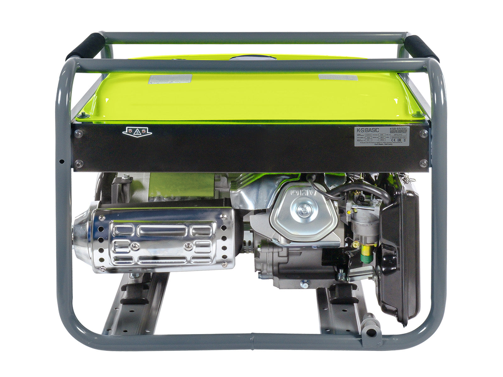 Generator z tyłu z limonkową górą, szarą ramą i widocznymi elementami silnika.