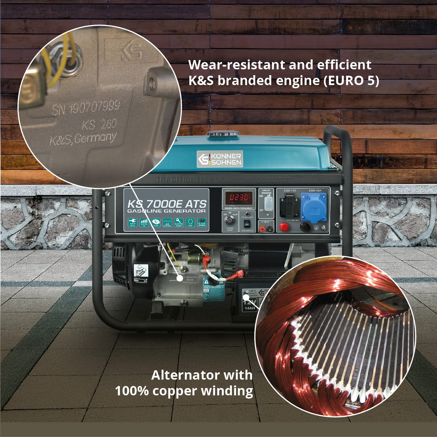 Zbliżenie części generatora, podkreślające silnik i szczegóły alternatora z miedzianym uzwojeniem.