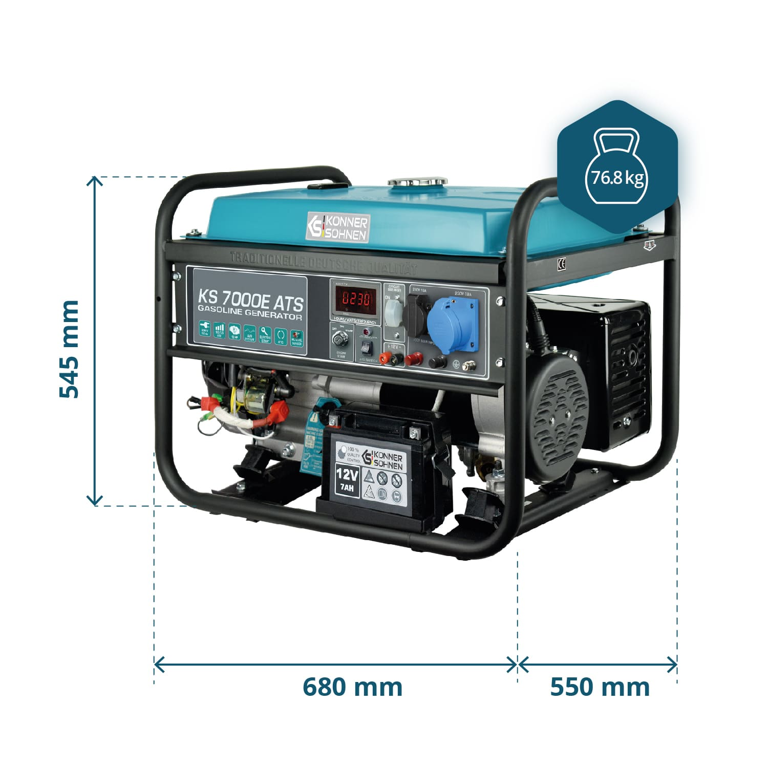 Generator z turkusową górą, czarną ramą i wymiarami. Waga wynosi 76,8 kg.