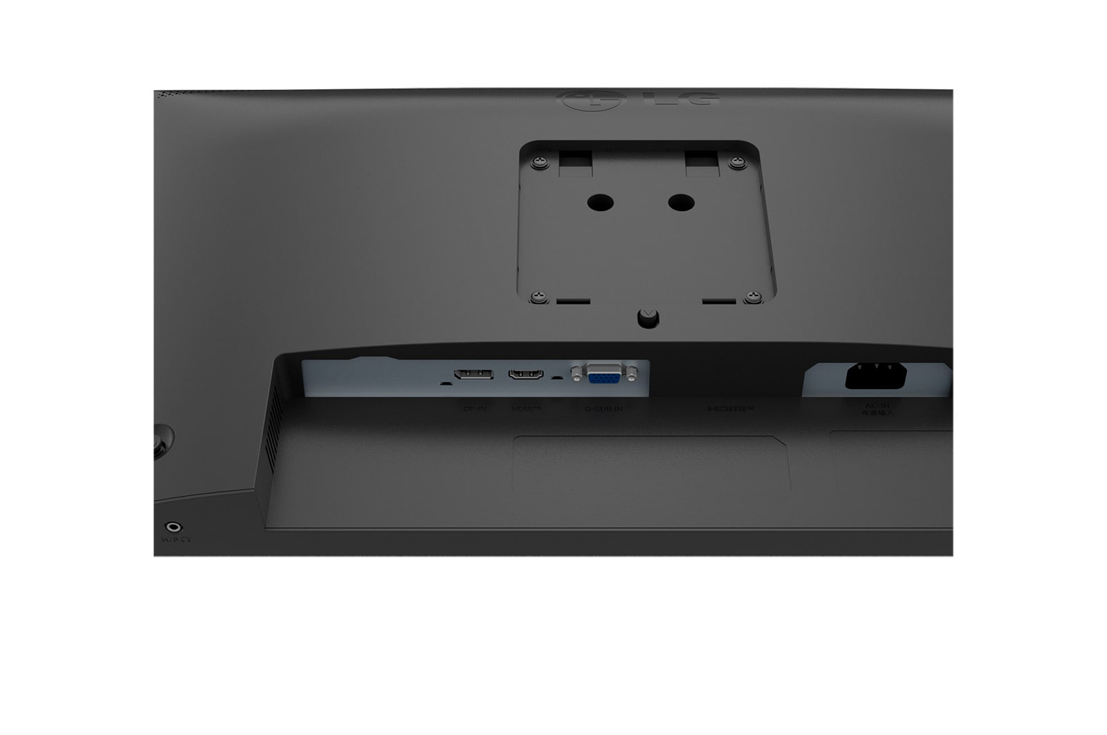 Tył czarnego monitora komputerowego. Porty to DP-IN, HDMI, D-SUB, HDMI i AC-IN. Widoczne logo LG.