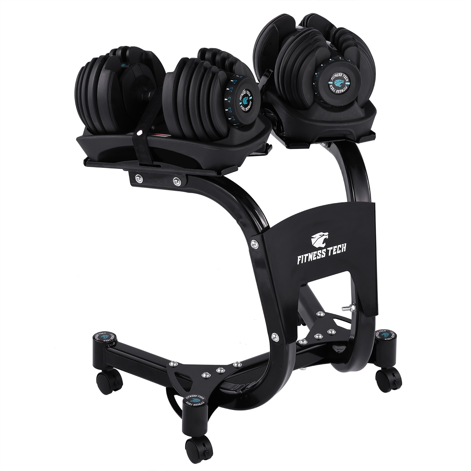 Pesas ajustables negras en un soporte negro. El soporte tiene las palabras FITNESS TECH. El fondo es blanco.
