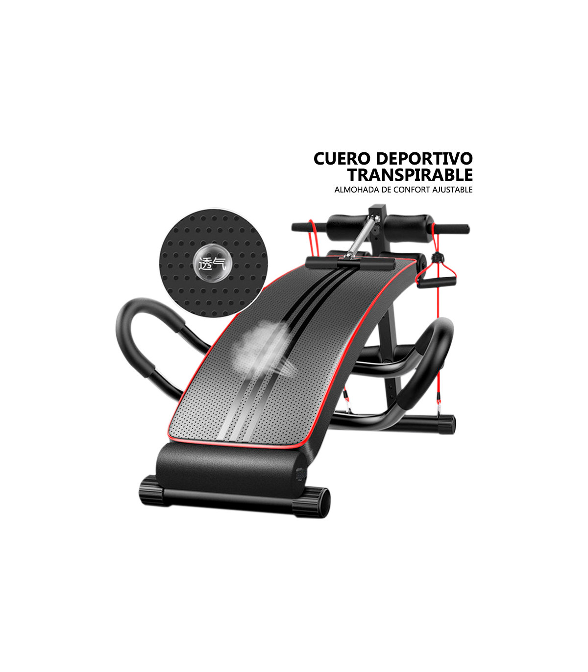 Equipo de ejercicio negro y rojo. El texto dice cuero transpirable. El fondo es blanco.