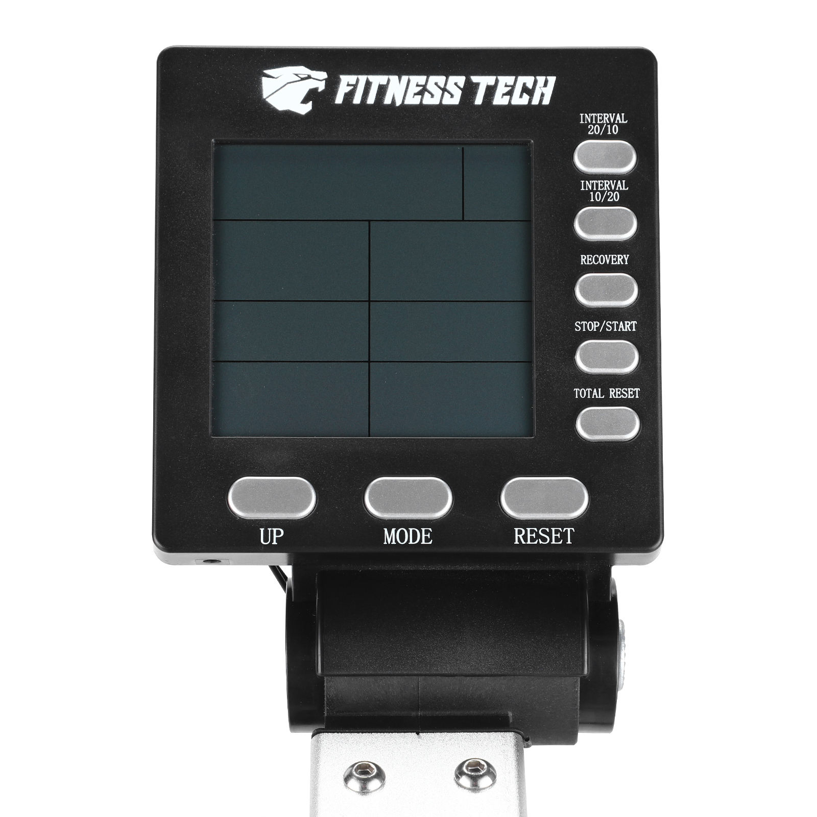Display nero della macchina fitness con pulsanti e testo.