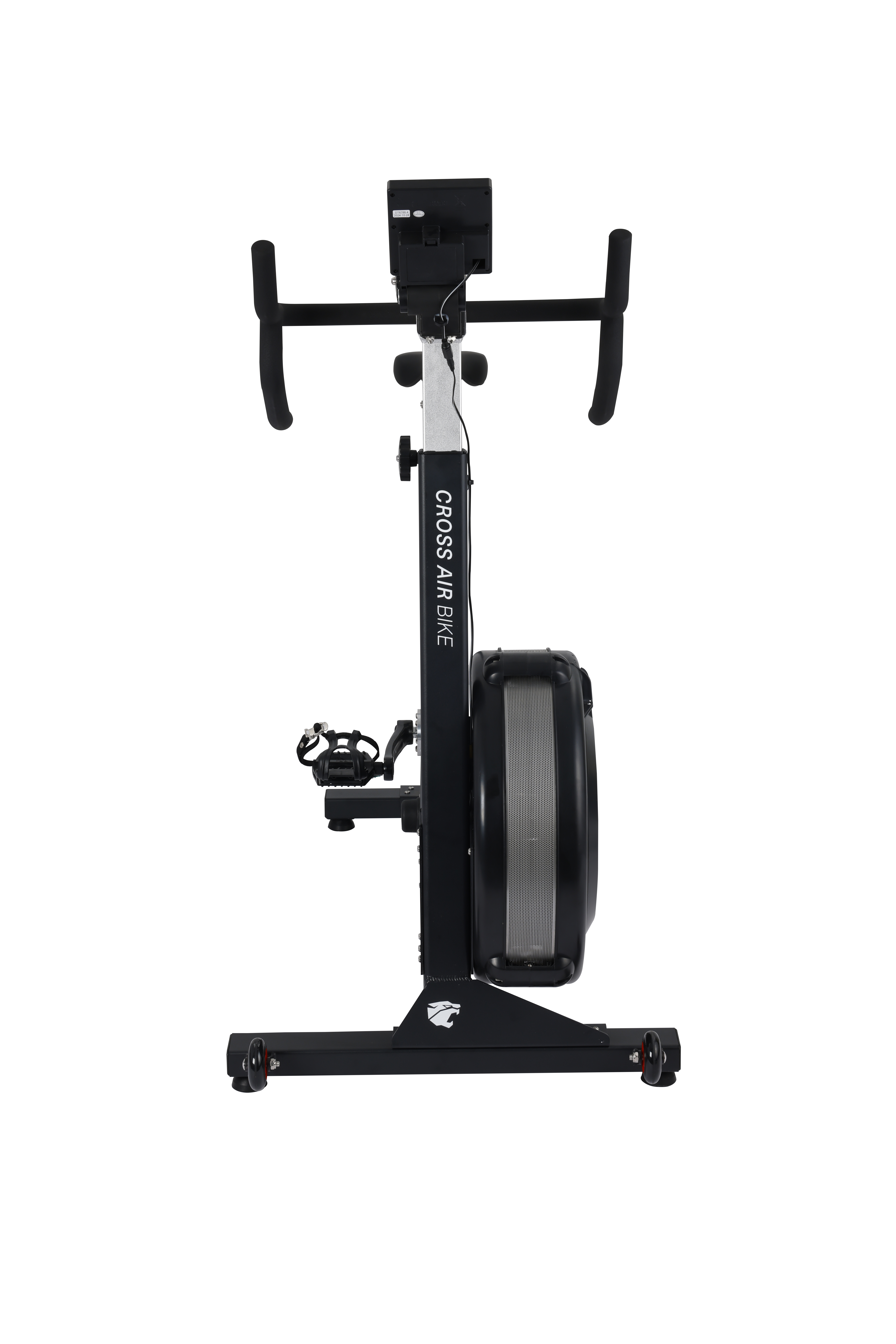 Bici da esercizio nera, vista frontale, Cross Air Bike, sfondo bianco.