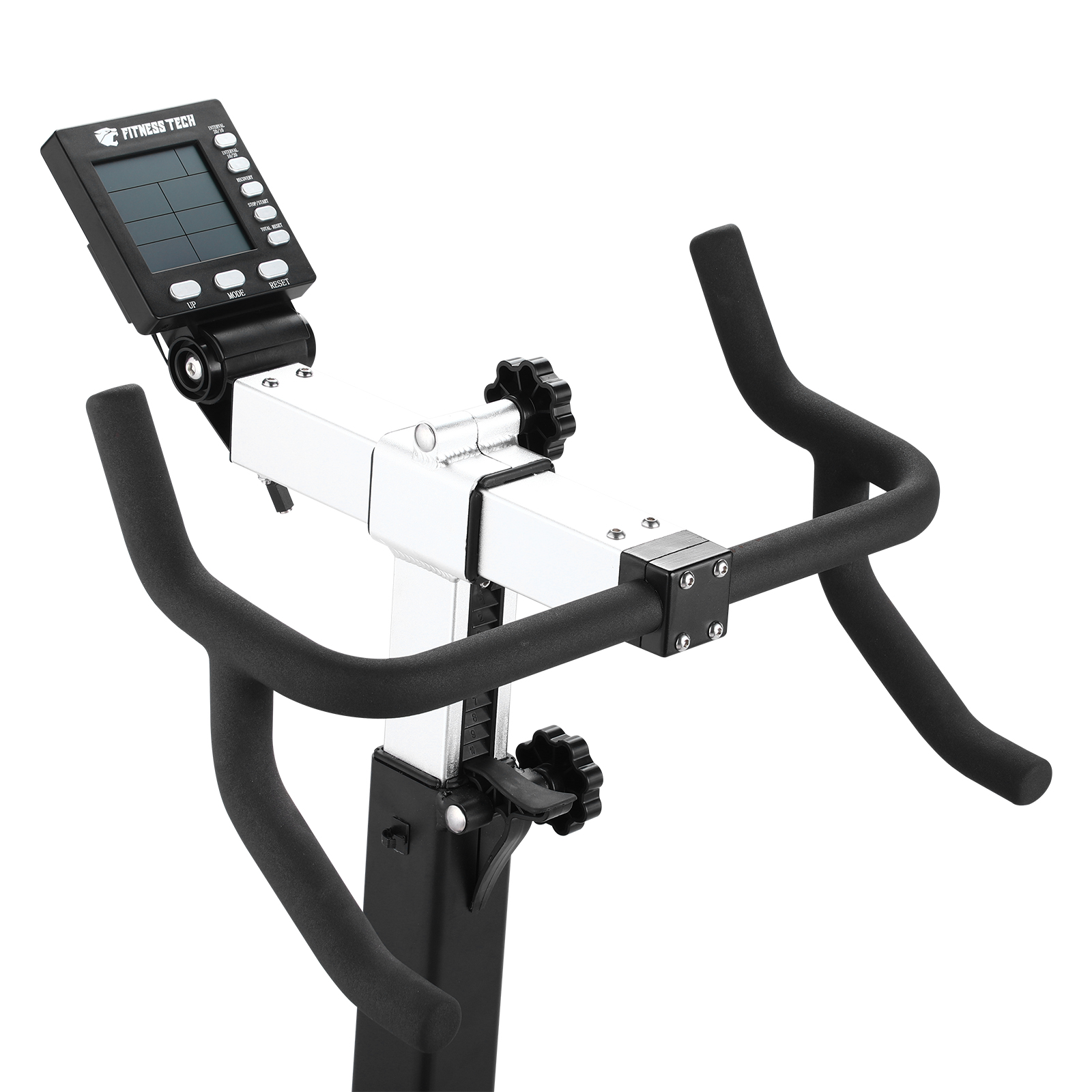 Manubrio bici da esercizio nero con display, sfondo bianco.