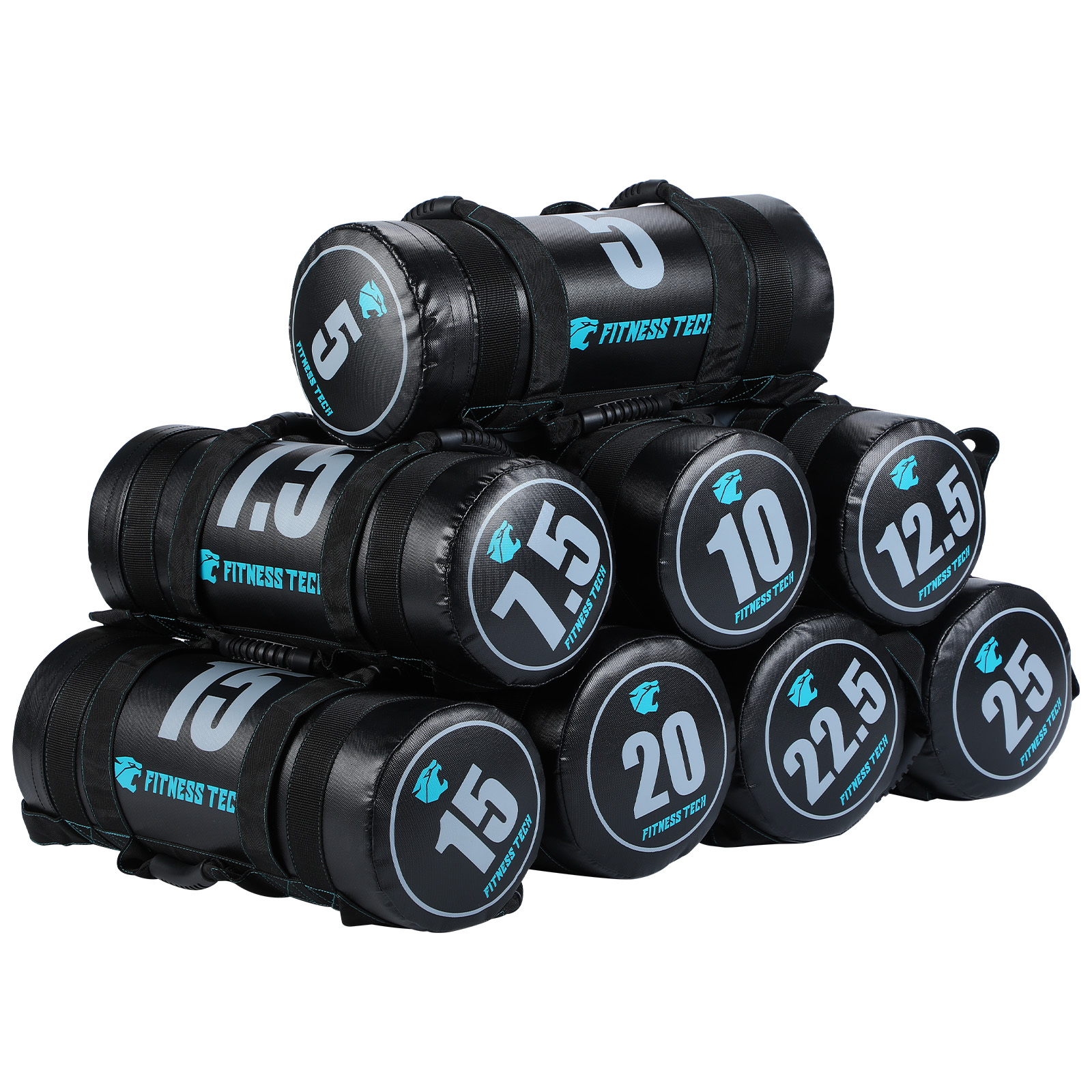Sacos de arena negros y azules apilados con números de peso.
