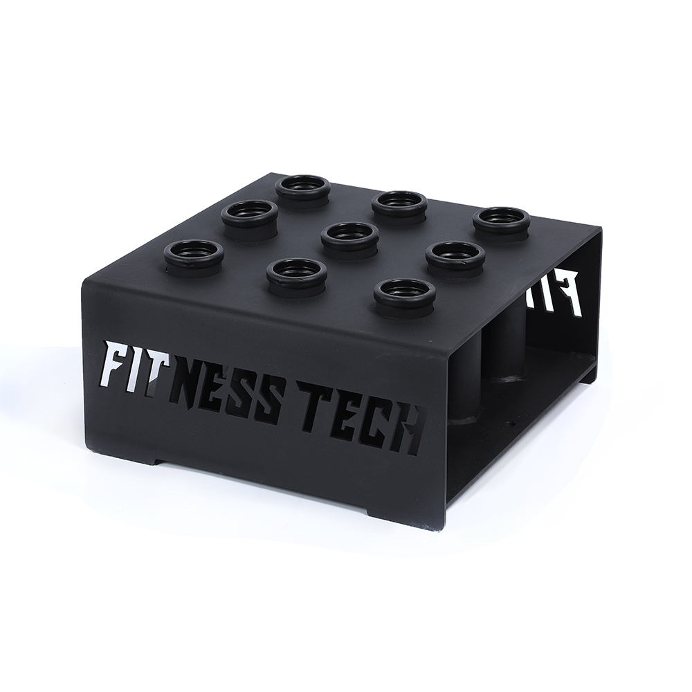 Estante de almacenamiento de barra Fitness Tech negro, fondo blanco.