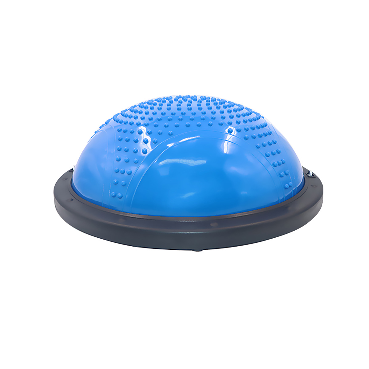 Pelota BOSU azul con base negra, utilizada para ejercicios de equilibrio.