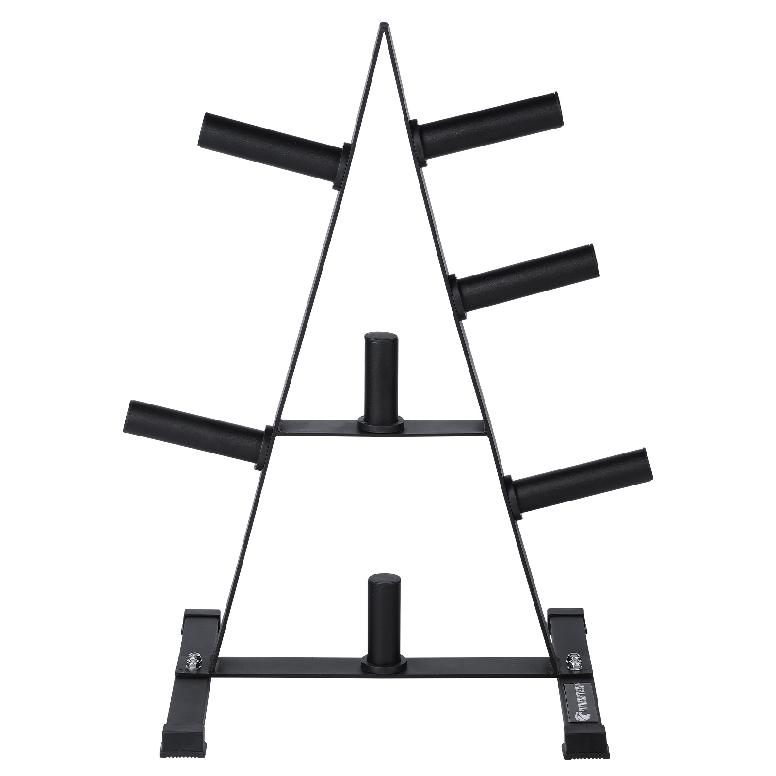 Soporte negro para pesas, forma triangular, sosteniendo múltiples discos.