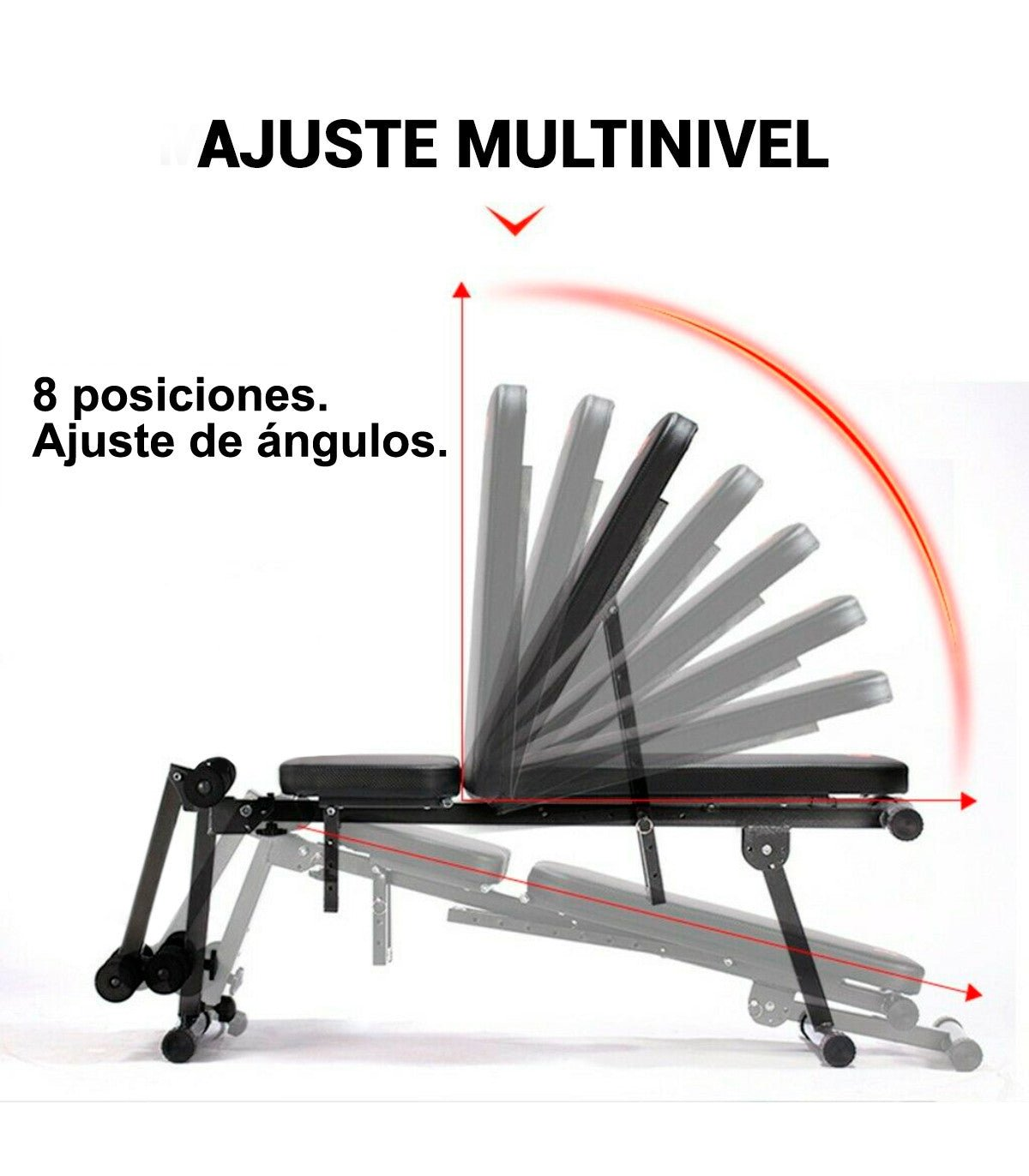 Banco de entrenamiento ajustable, marco negro, se muestran varias posiciones angulares. Texto: 8 posiciones, ajuste de ángulo.