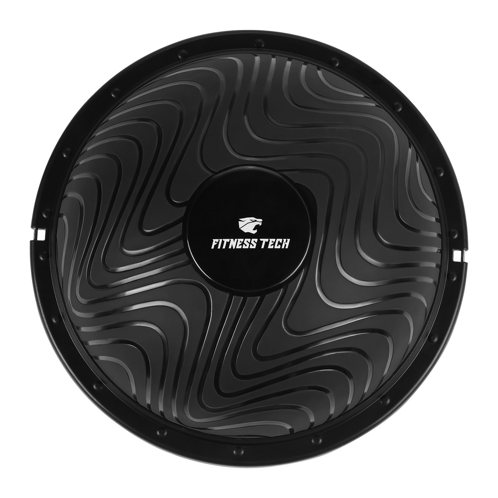 Balón Bosu negro, vista superior, con un patrón de ondas curvas y un logotipo. La pelota está sobre una superficie blanca.