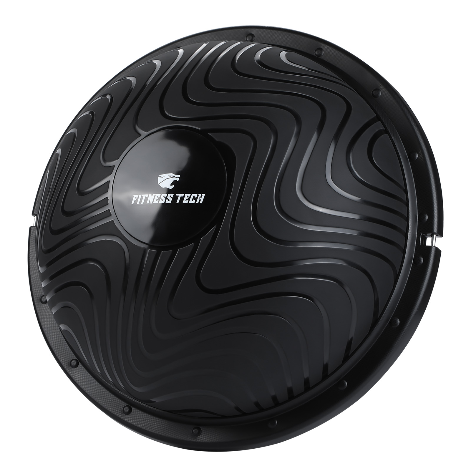 Balón Bosu negro con un patrón de ondas curvas y un logotipo. La pelota está sobre un fondo blanco.