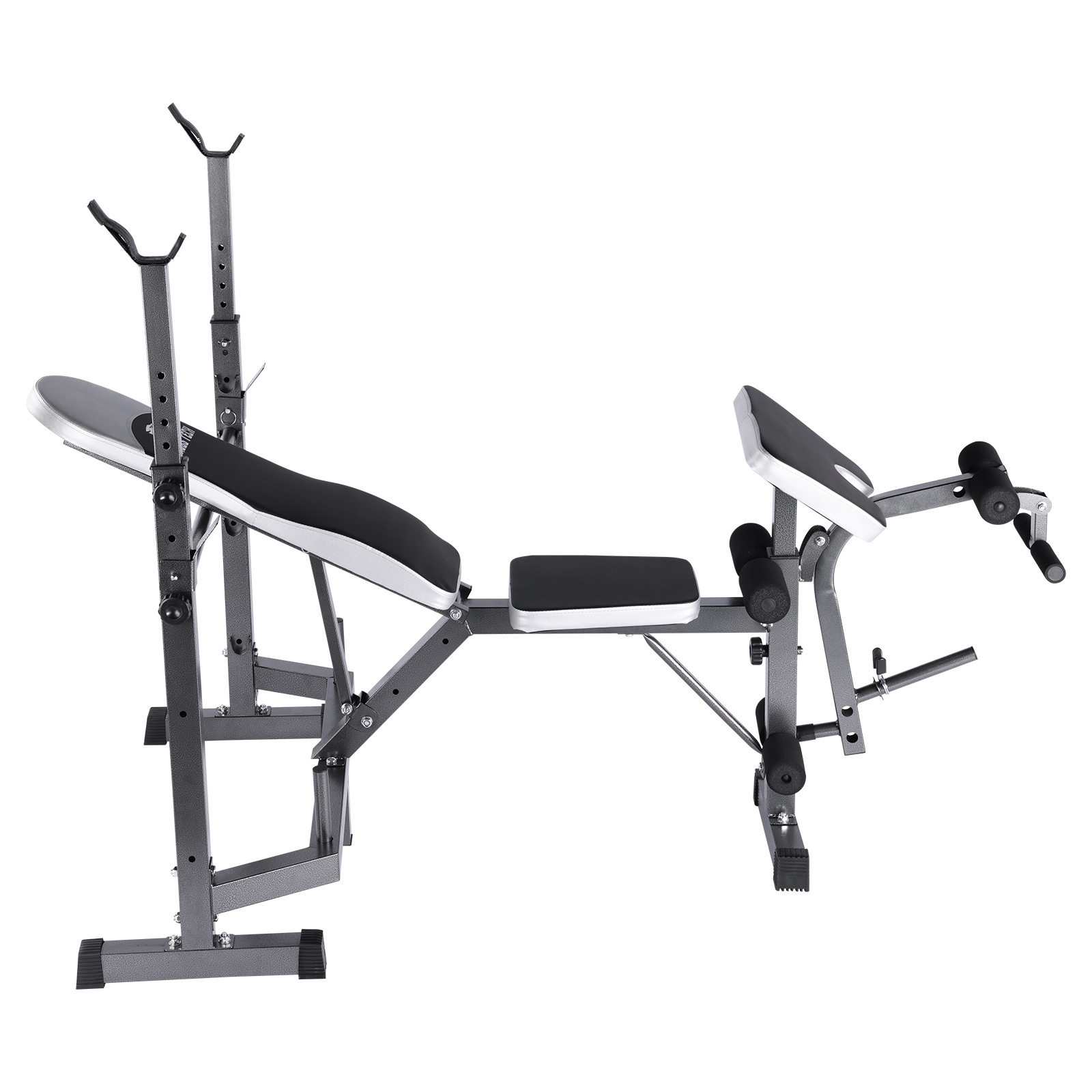 Banco de fitness con múltiples partes. Asiento blanco y negro. Marco gris. Fondo blanco. Fitness Tech.