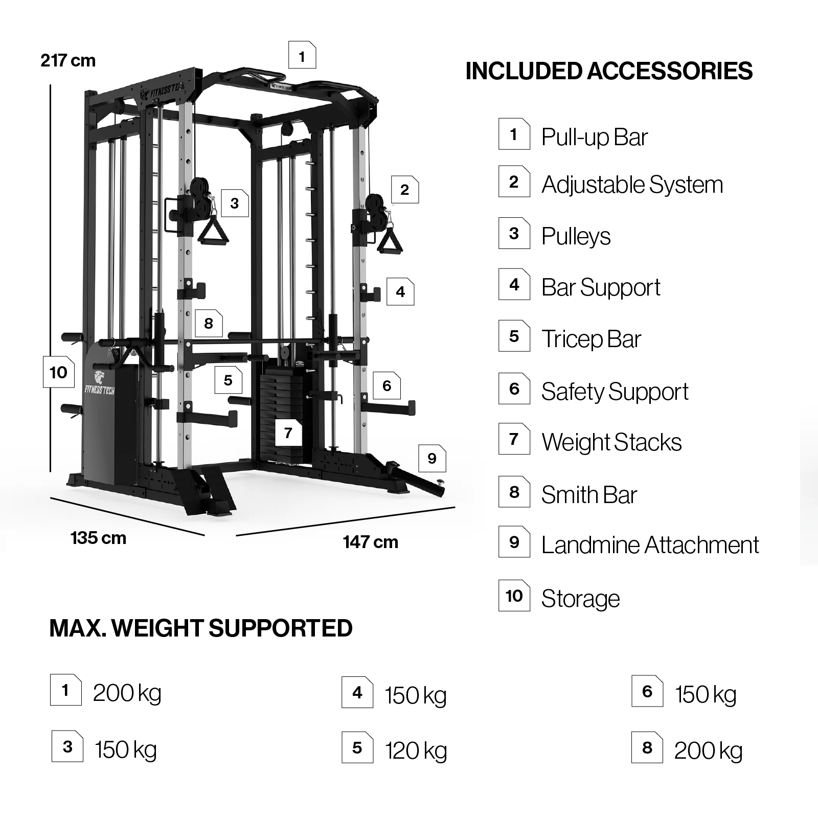 Diagrama de una máquina de fitness negra. Dimensiones y accesorios incluidos.