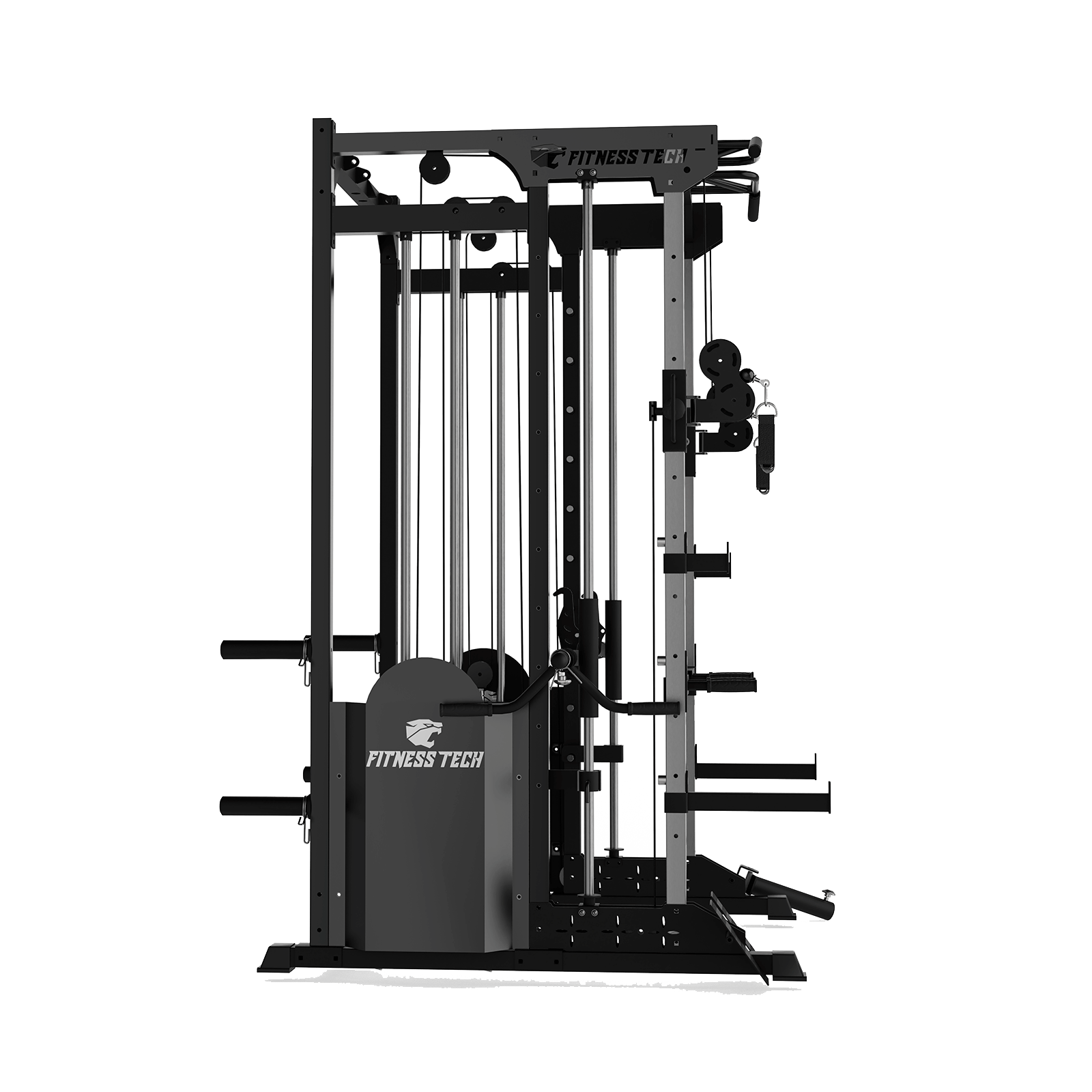 Una gran máquina de gimnasio con cables, pilas de pesas y múltiples estaciones. La marca es Fitness Tech.