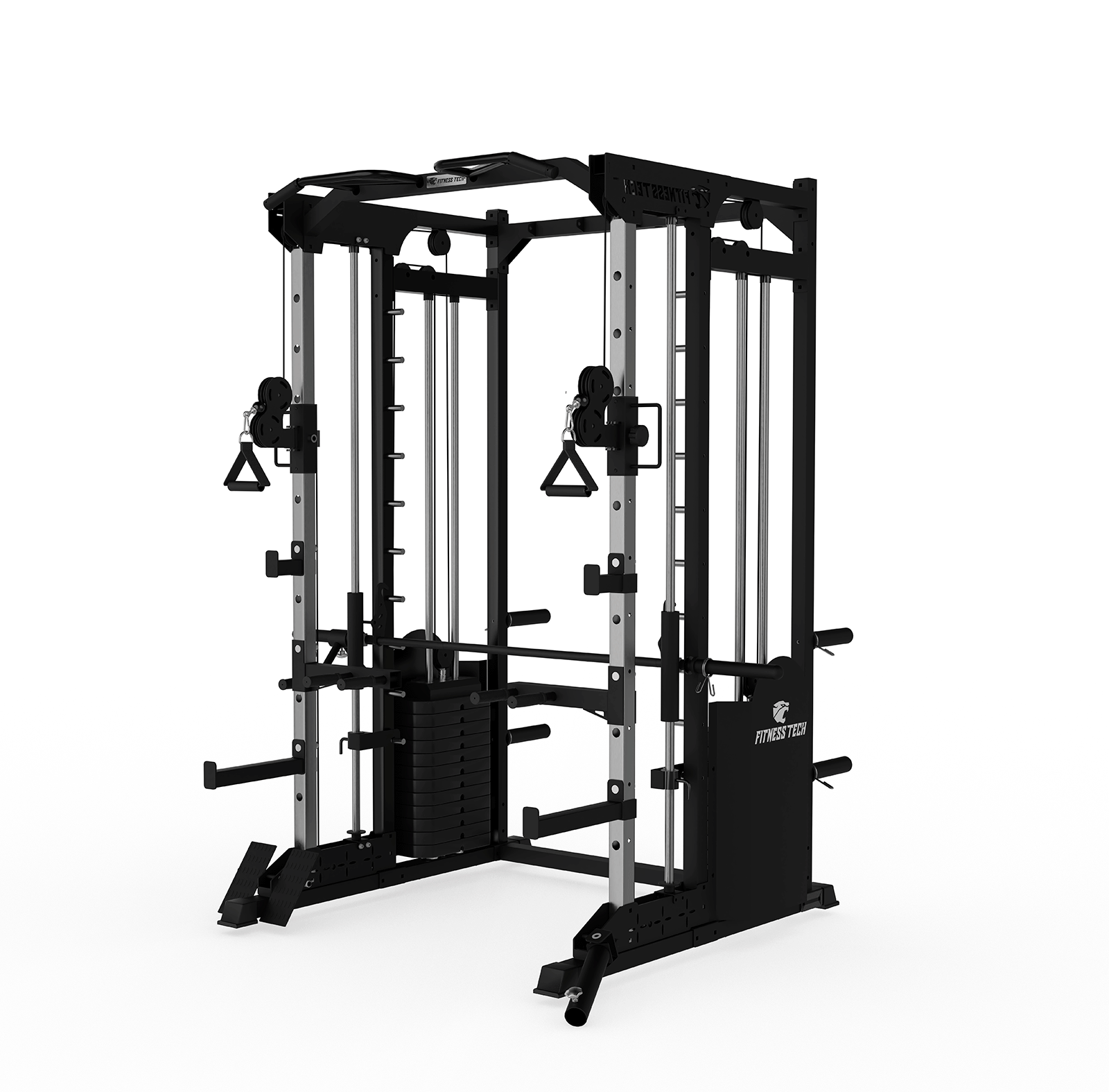 Máquina de gimnasio negra con varias estaciones de cable y peso, sobre fondo blanco.