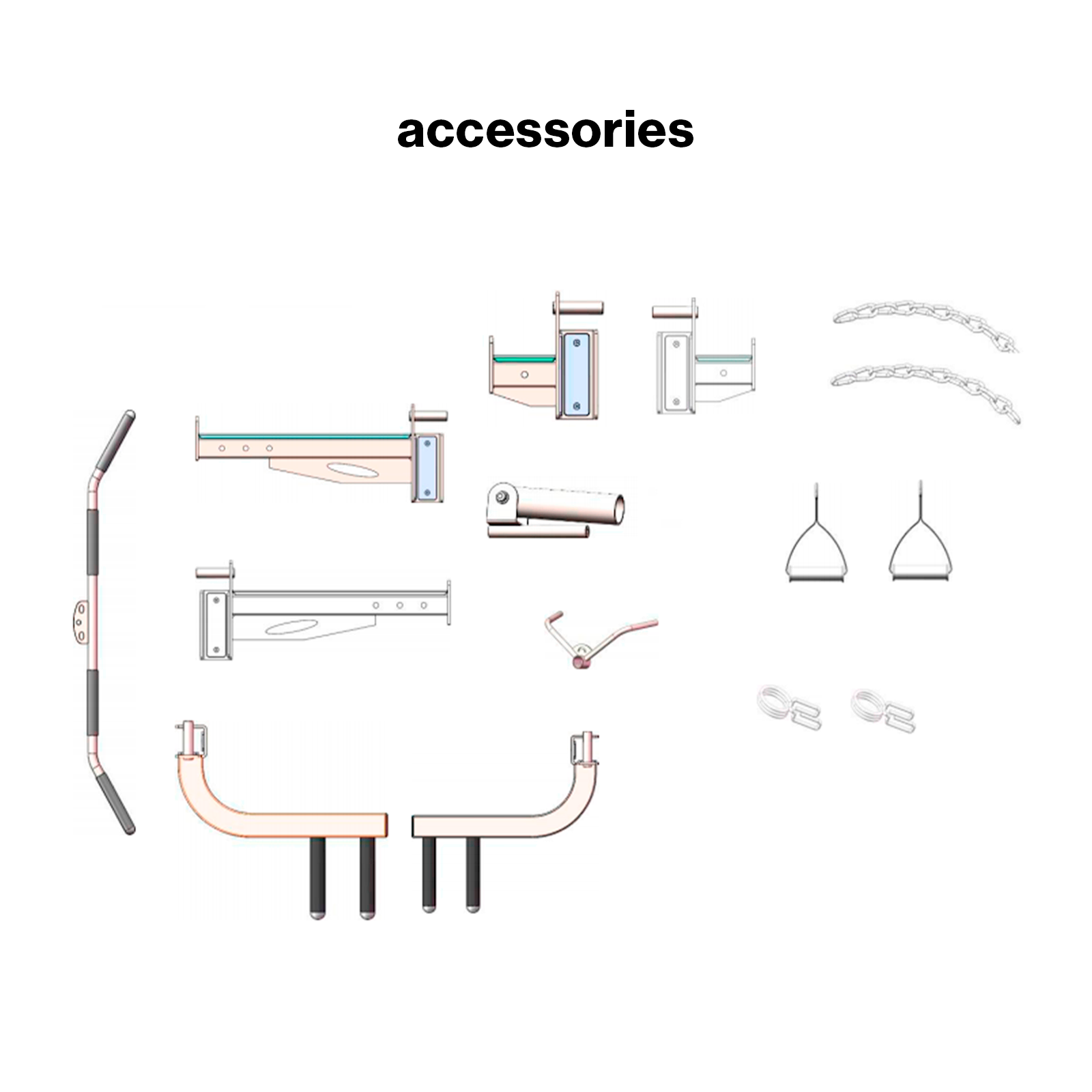 Varios accesorios de levantamiento de pesas, incluyendo barras, asas y cadenas.