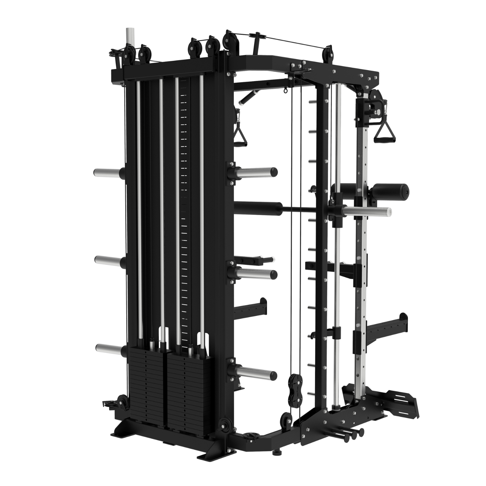 Máquina de gimnasio negra con pesas y cables, con fondo blanco, vista de perfil lateral.