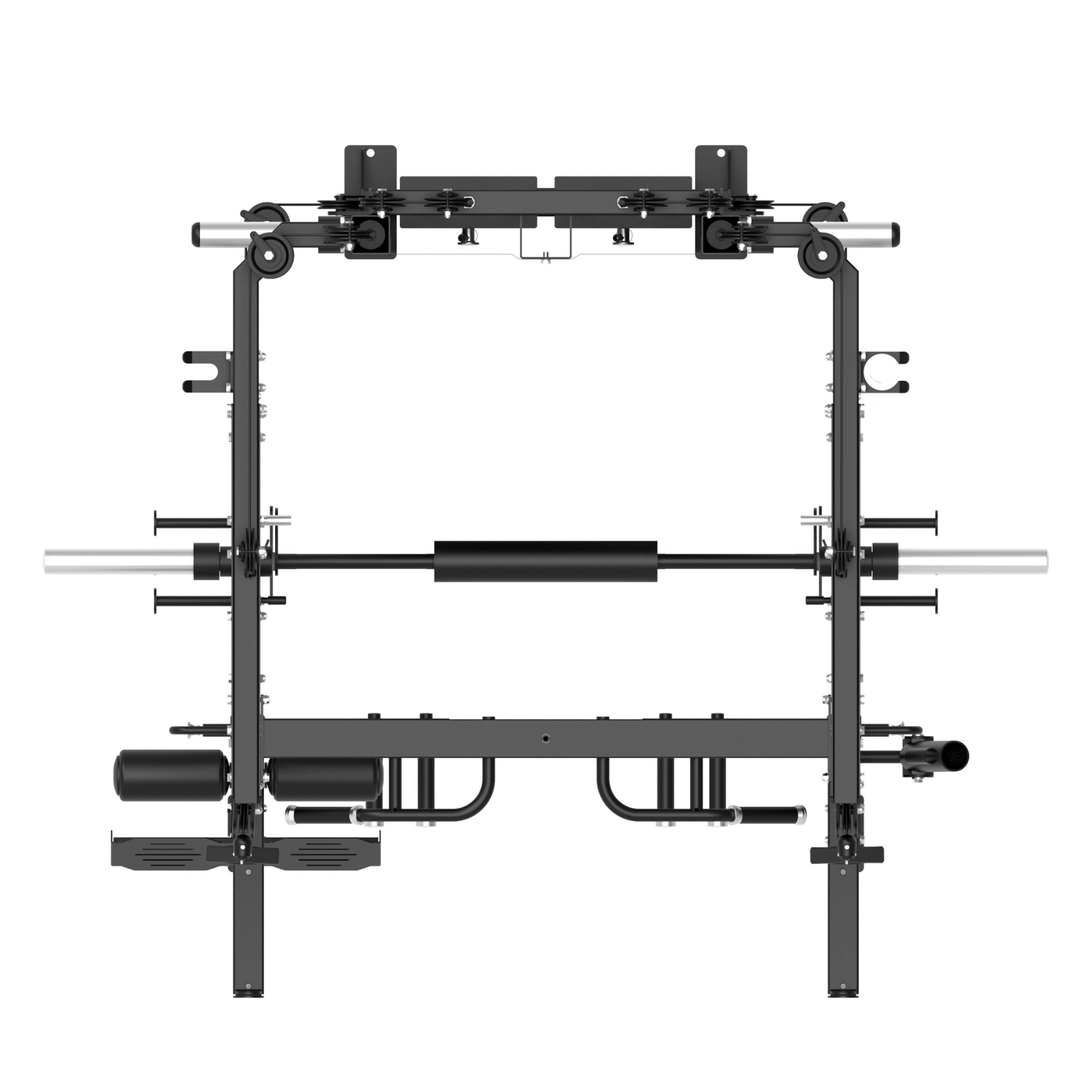 Vista superior de una máquina de gimnasio negra con barra y múltiples agarres, sobre fondo blanco.