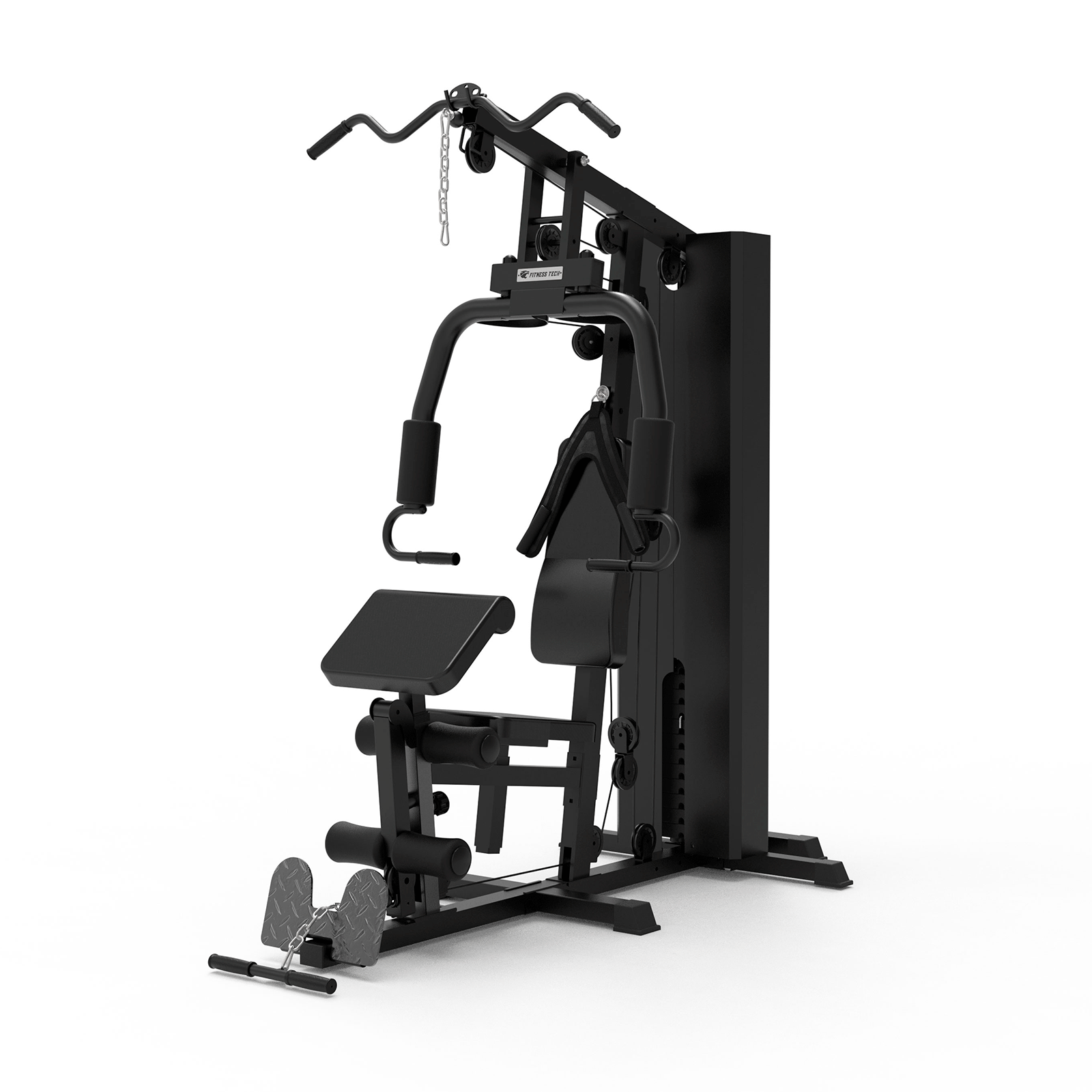 Una máquina multi-gimnasio negra con varias estaciones de ejercicio, contra un fondo blanco.