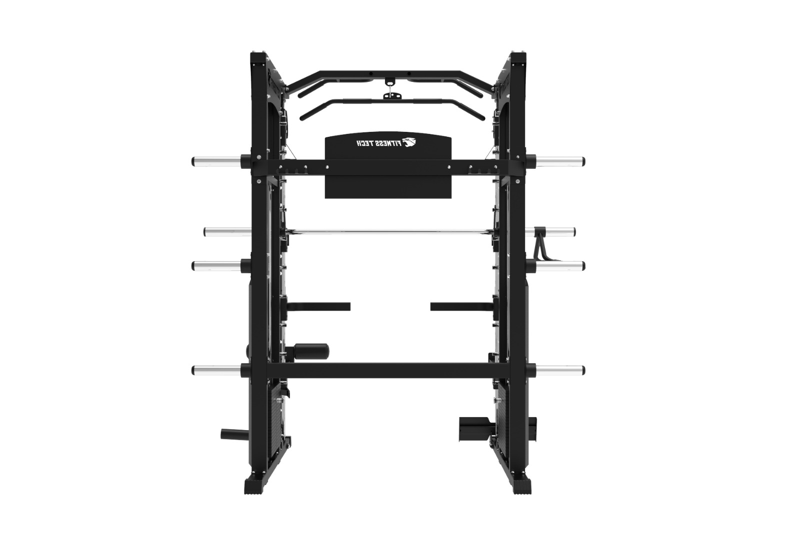 Equipo de gimnasio negro con múltiples barras, soportes para pesas y barra de dominadas. Una estación de fitness sobre blanco.