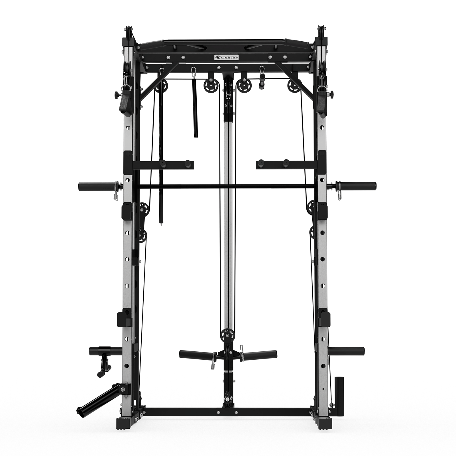 Máquina multi-gimnasio negra y plateada con cables y manijas, contra un fondo blanco.