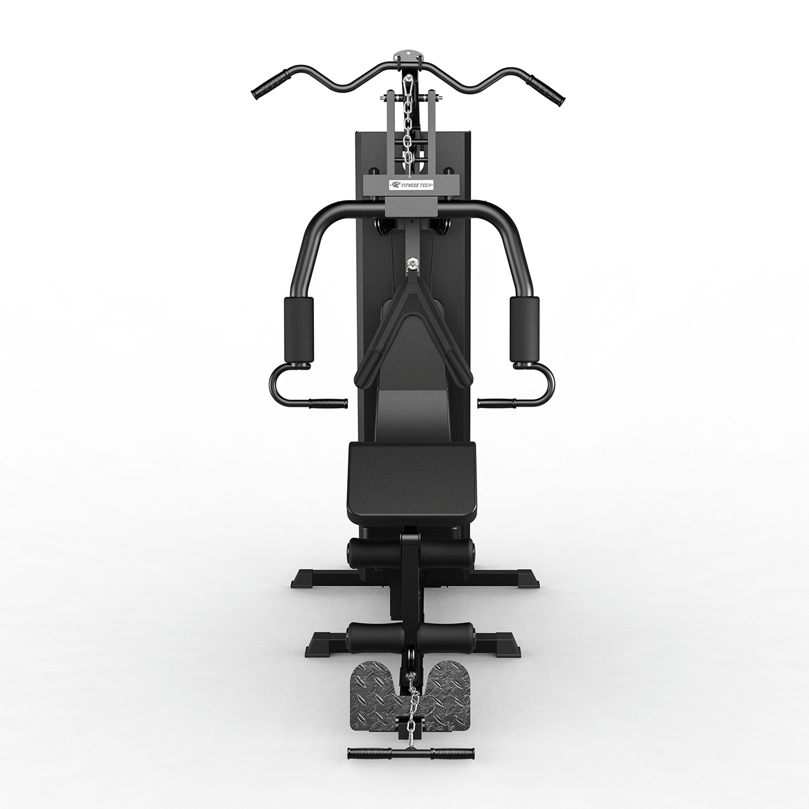 Vista frontal de una máquina de gimnasio negra con varias estaciones de ejercicio, sobre fondo blanco.